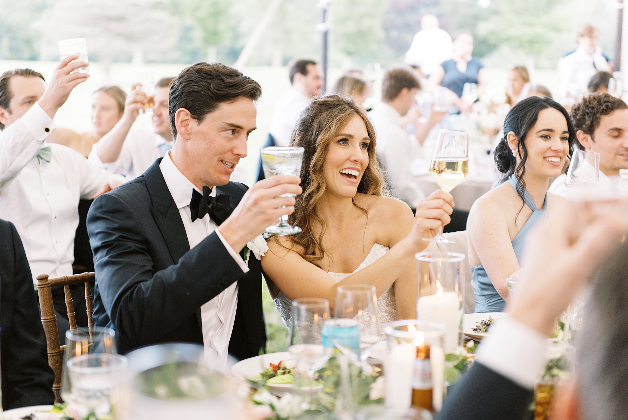 bride and groom lift glasses for a toast during reception at Onteora Club
