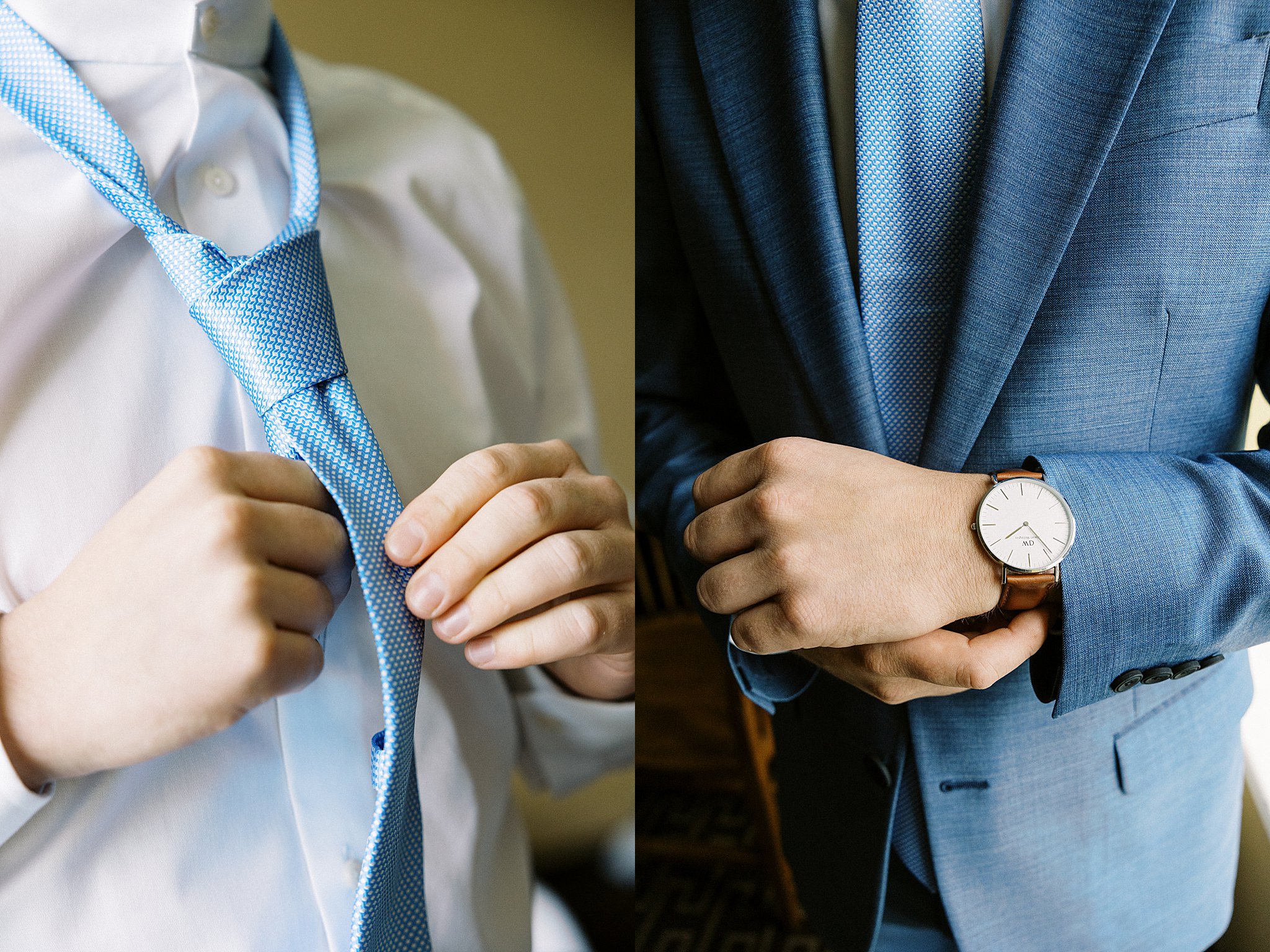 man ties his tie and adjusts his watch by Lynne Reznick Photography 