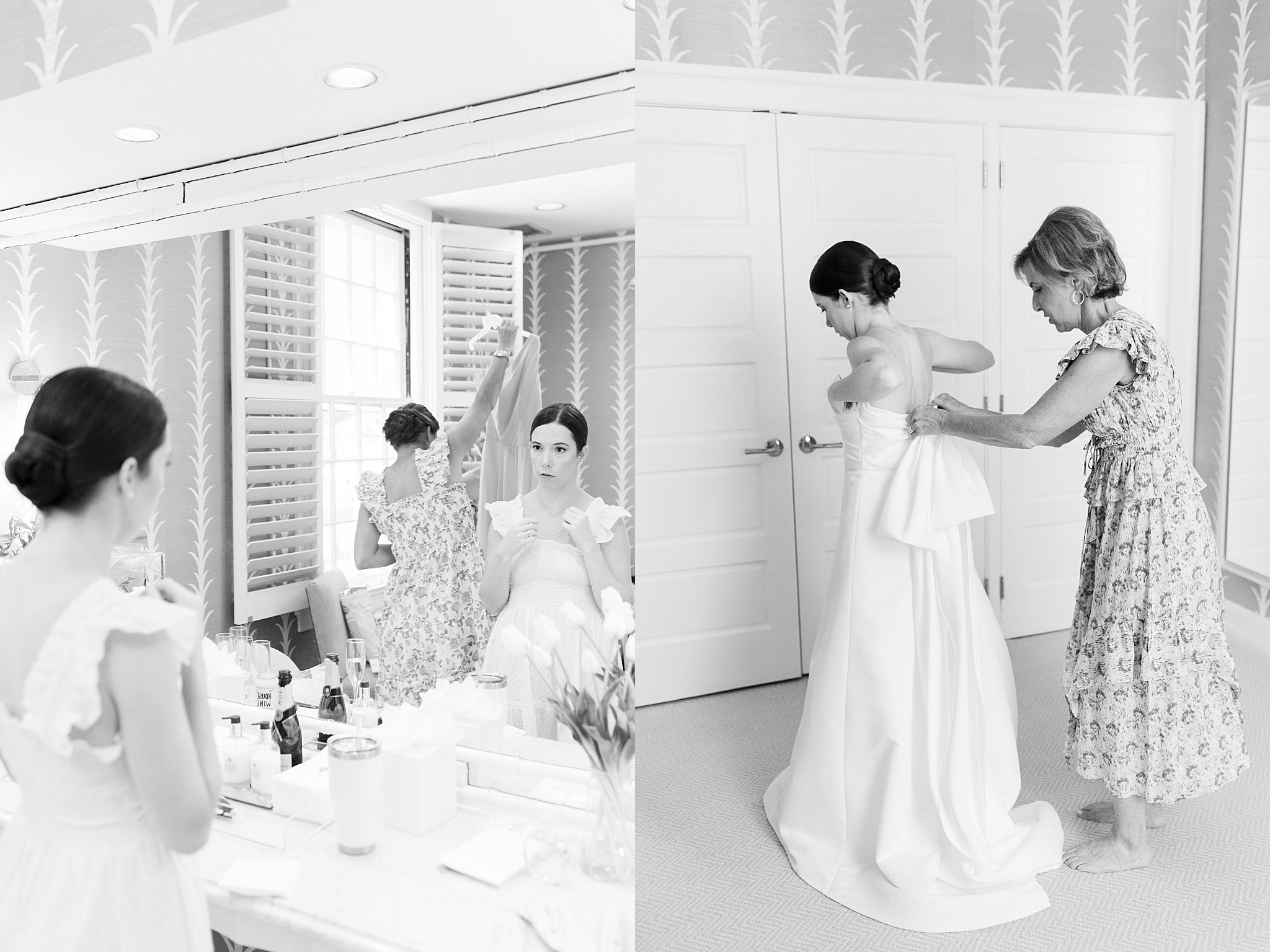 mother of the bride helps her into gown by Cape Cod wedding photographer