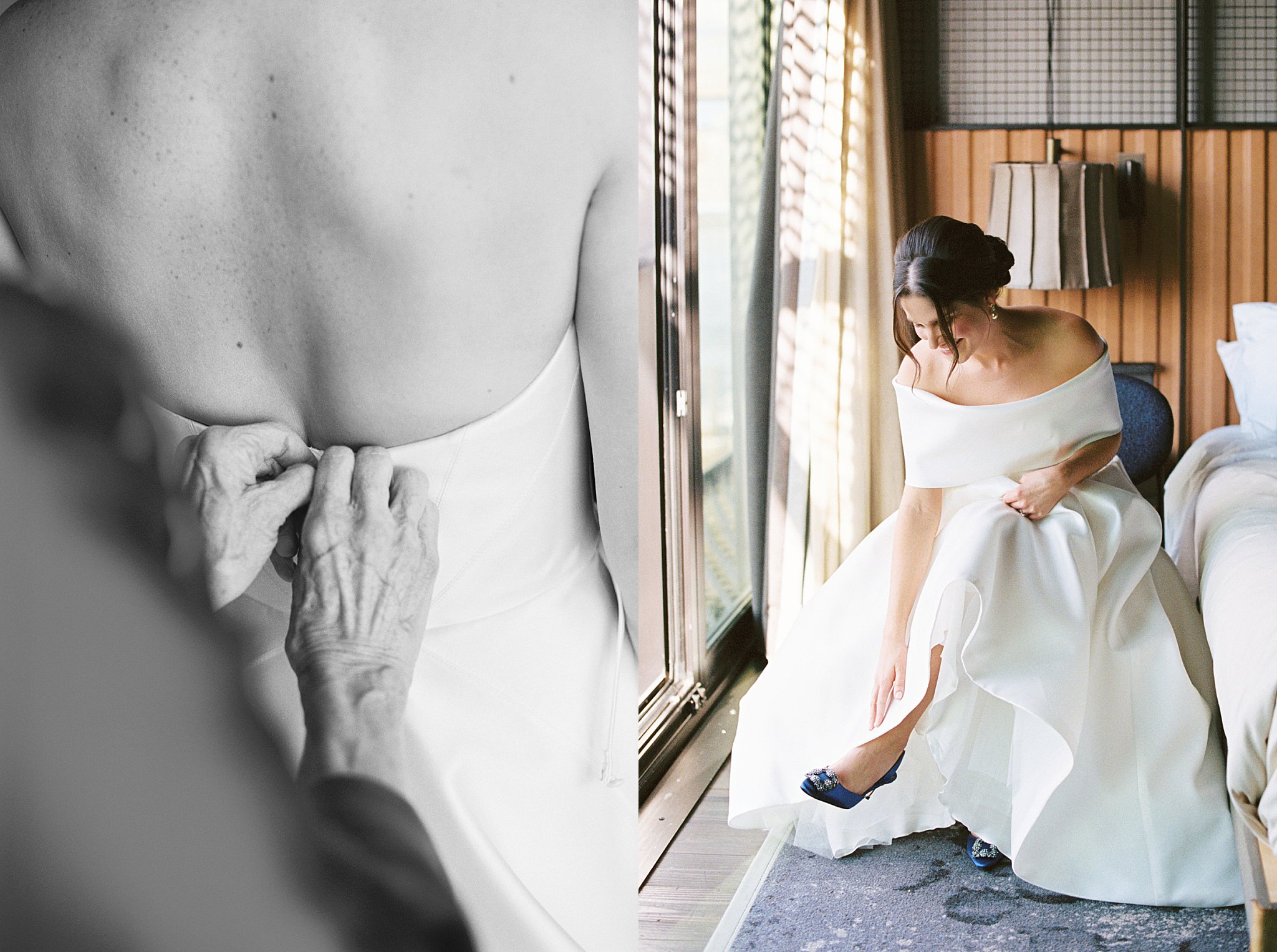 bride puts on shoes by NYC wedding photographer 