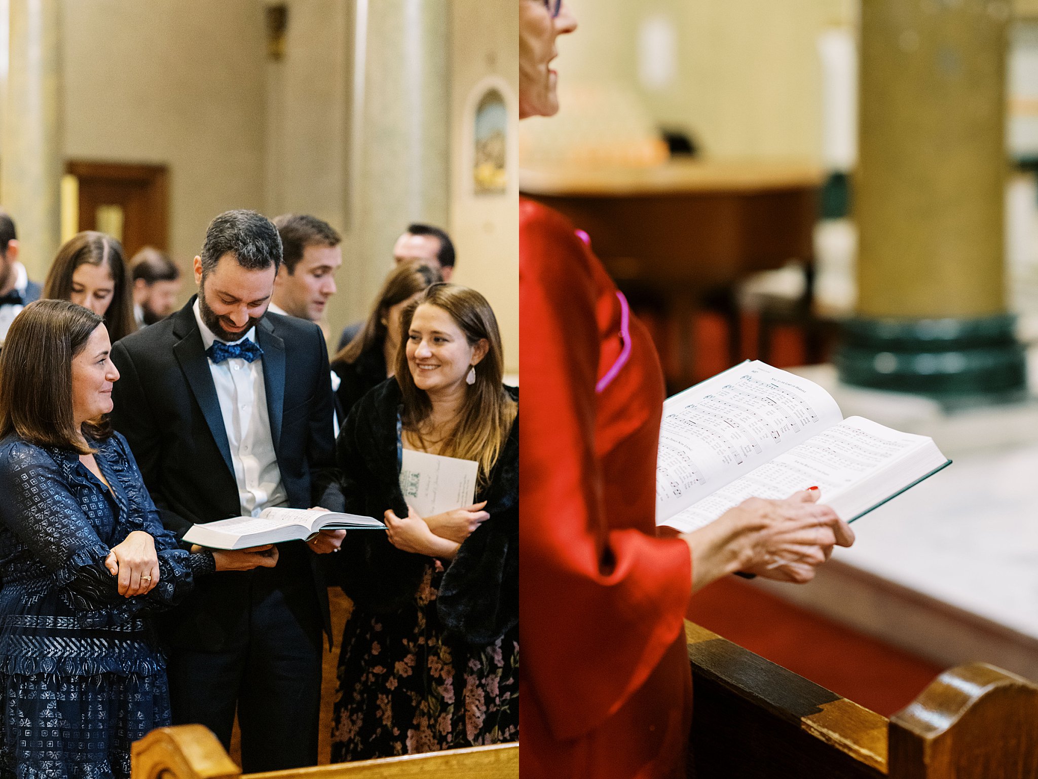 guests look at hymnal to sing by Lynne Reznick Photography