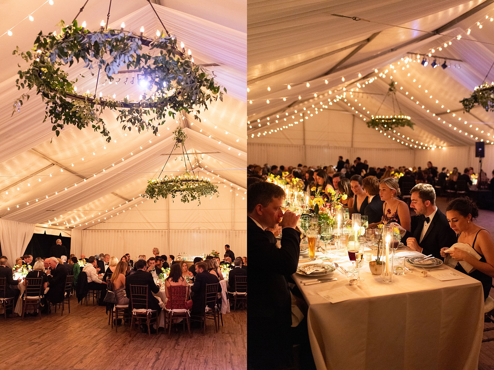 room lit by twinkle lights and greenery by NYC wedding photographer 