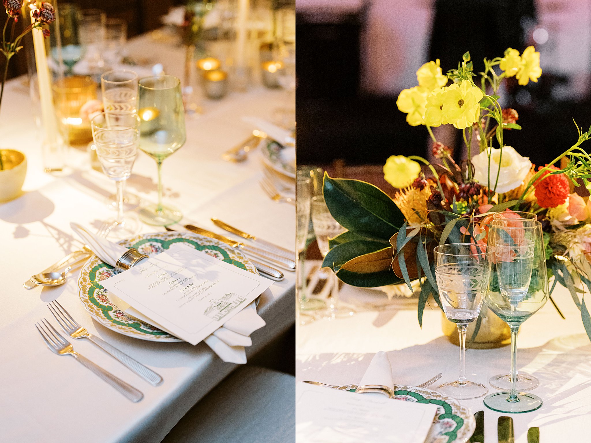 table set with china and menu by NYC wedding photographer 