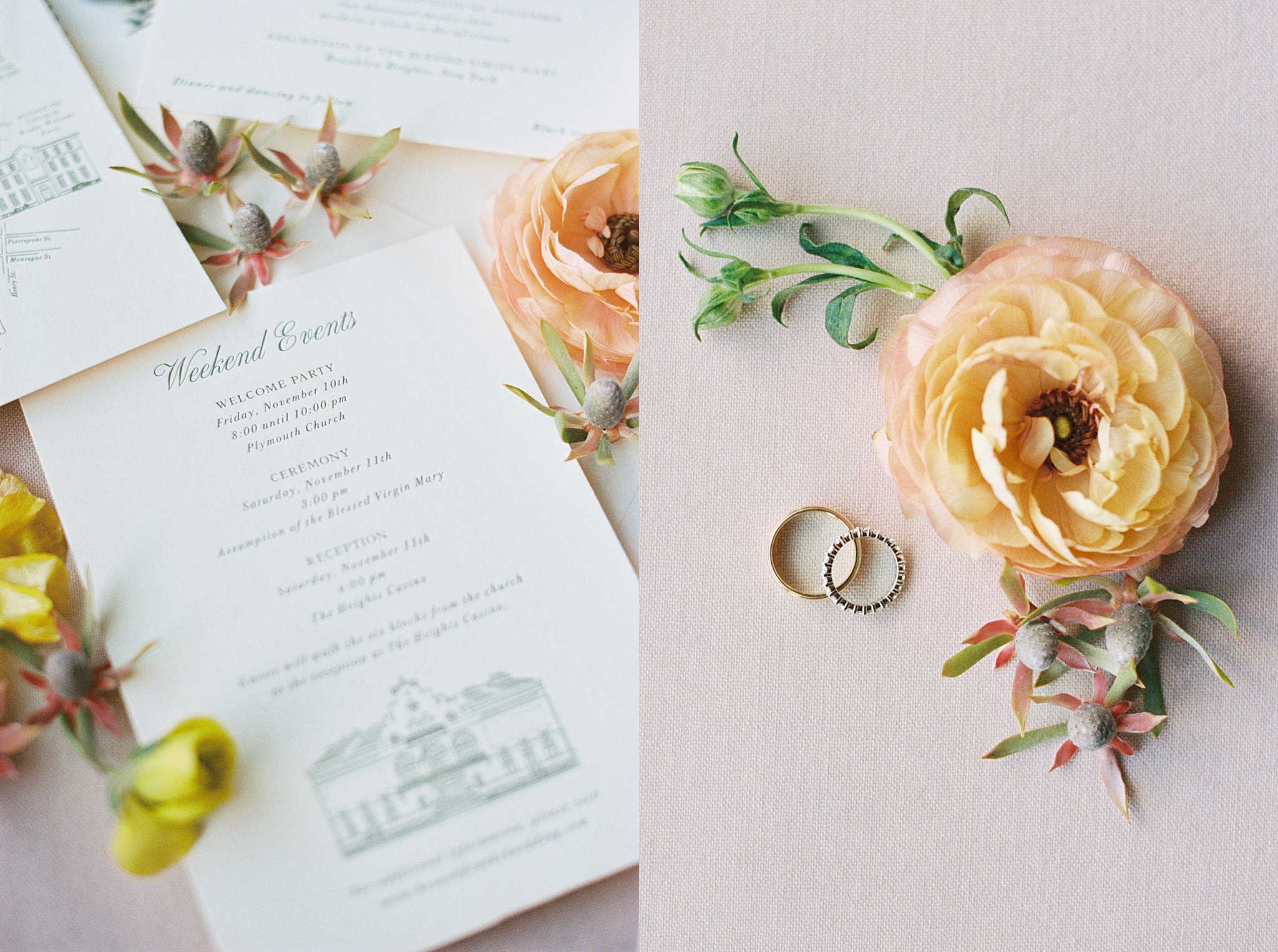 invitations set out by florals and rings by Lynne Reznick Photography