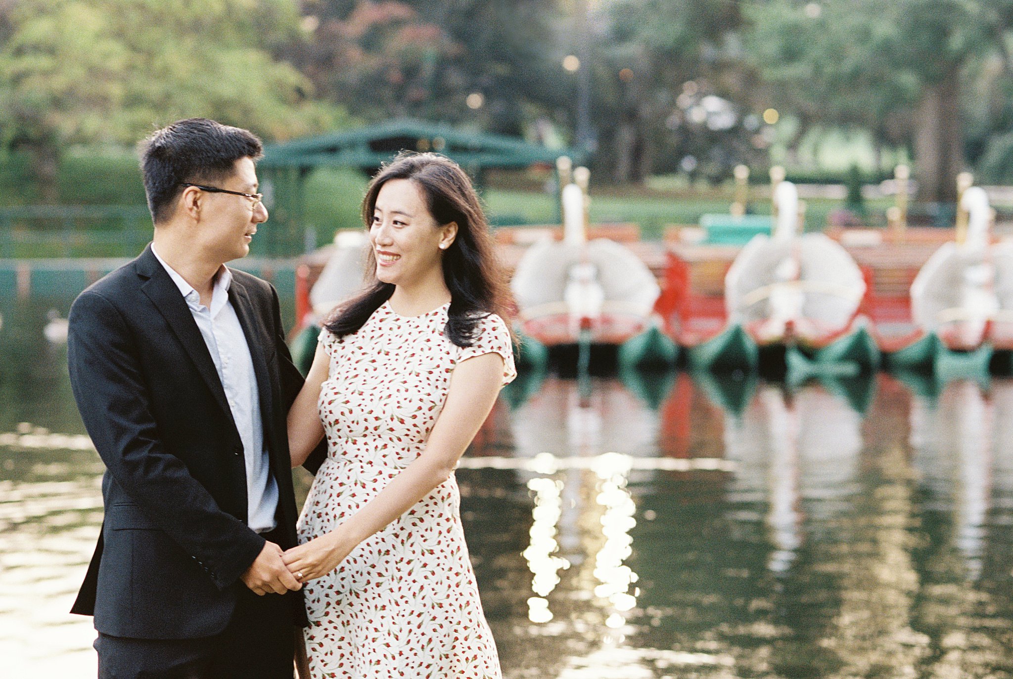 husband and wife hold hands in front of swan boats by Boston photographer