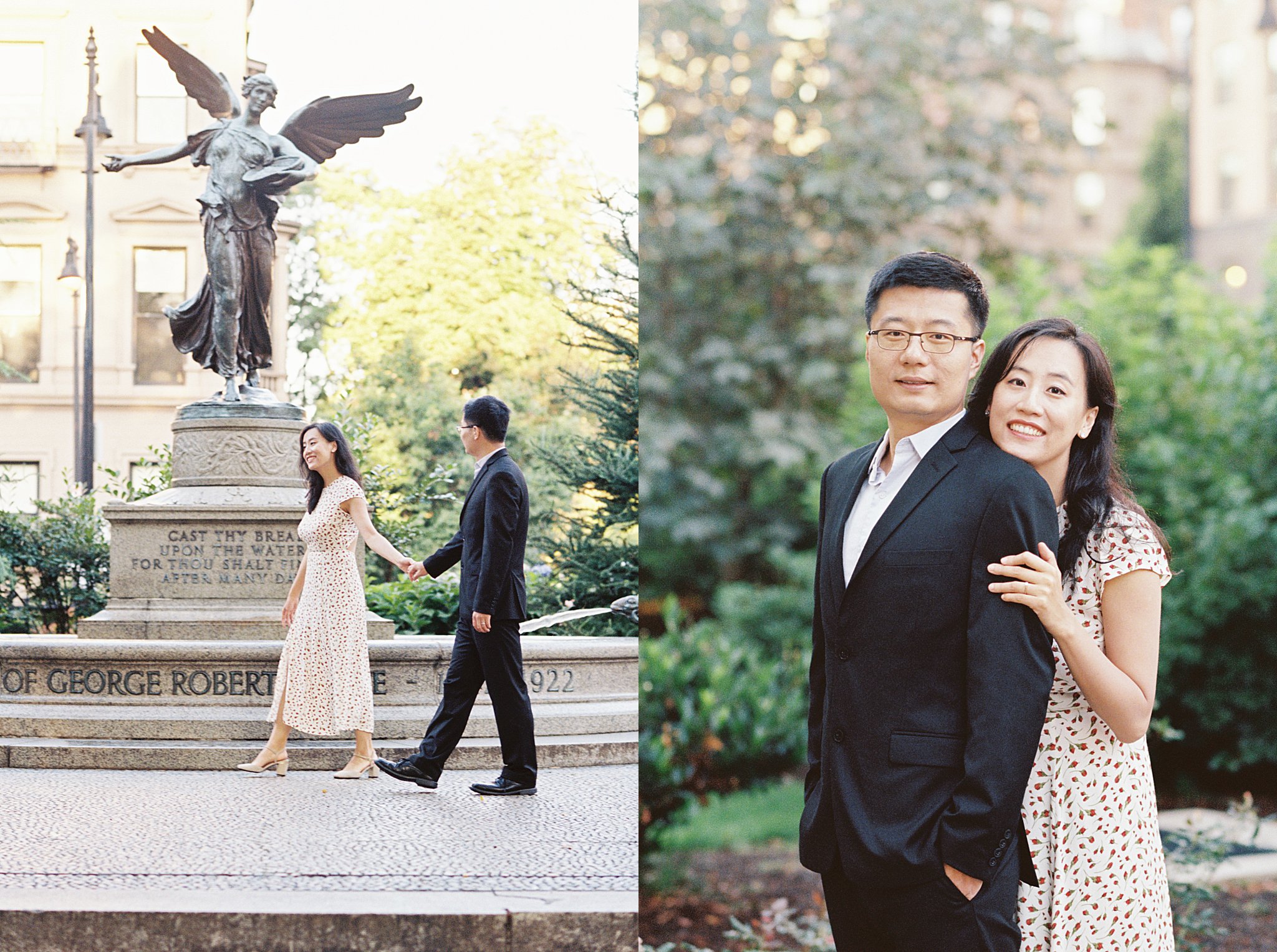 couple holds hands and walks in front of statue at Public Garden Anniversary session