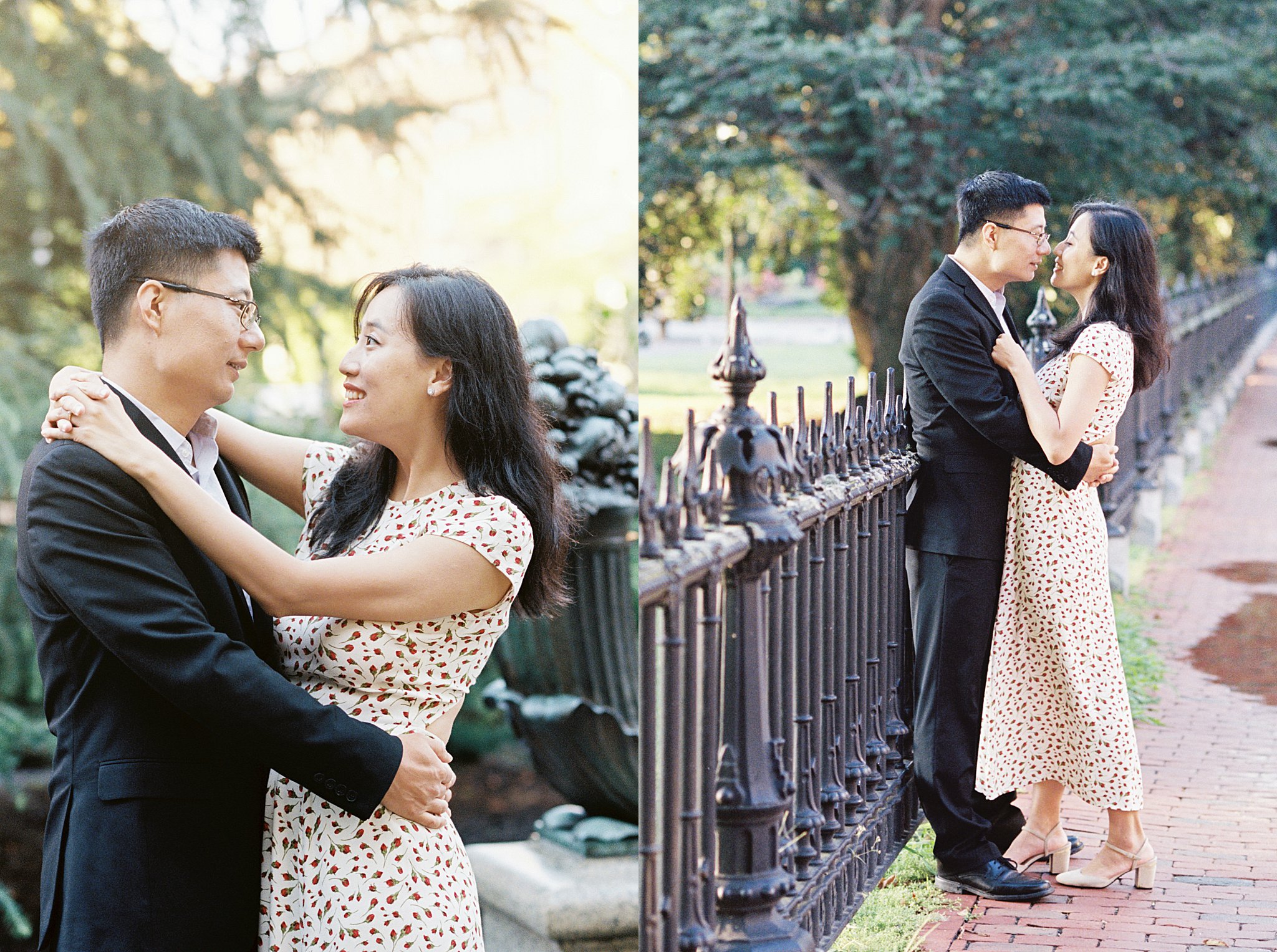 man leans against fence as couple leans in for a kiss at Public Garden Anniversary session