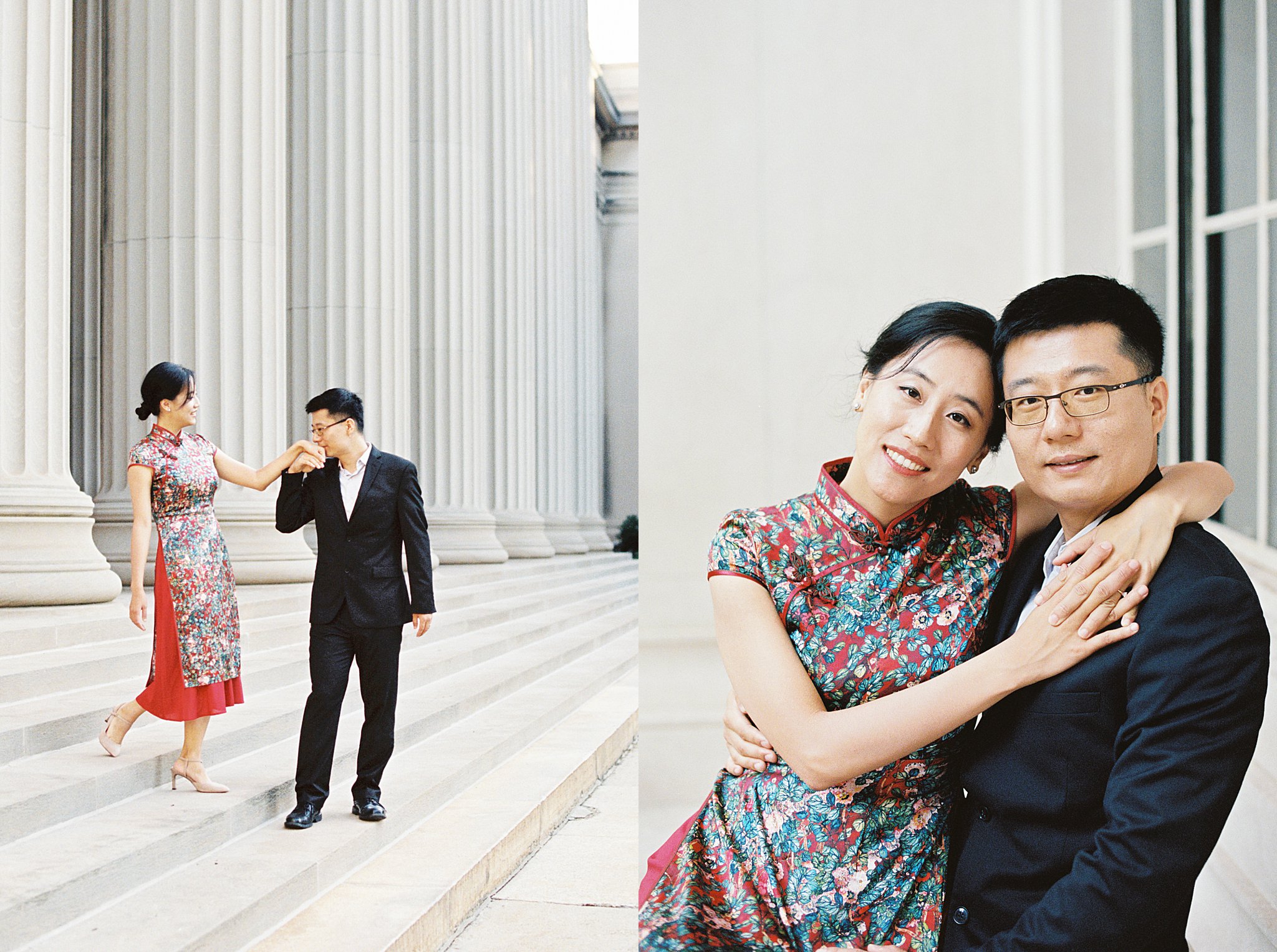 husband kisses wife's hand as he helps her down stairs by Boston photographer