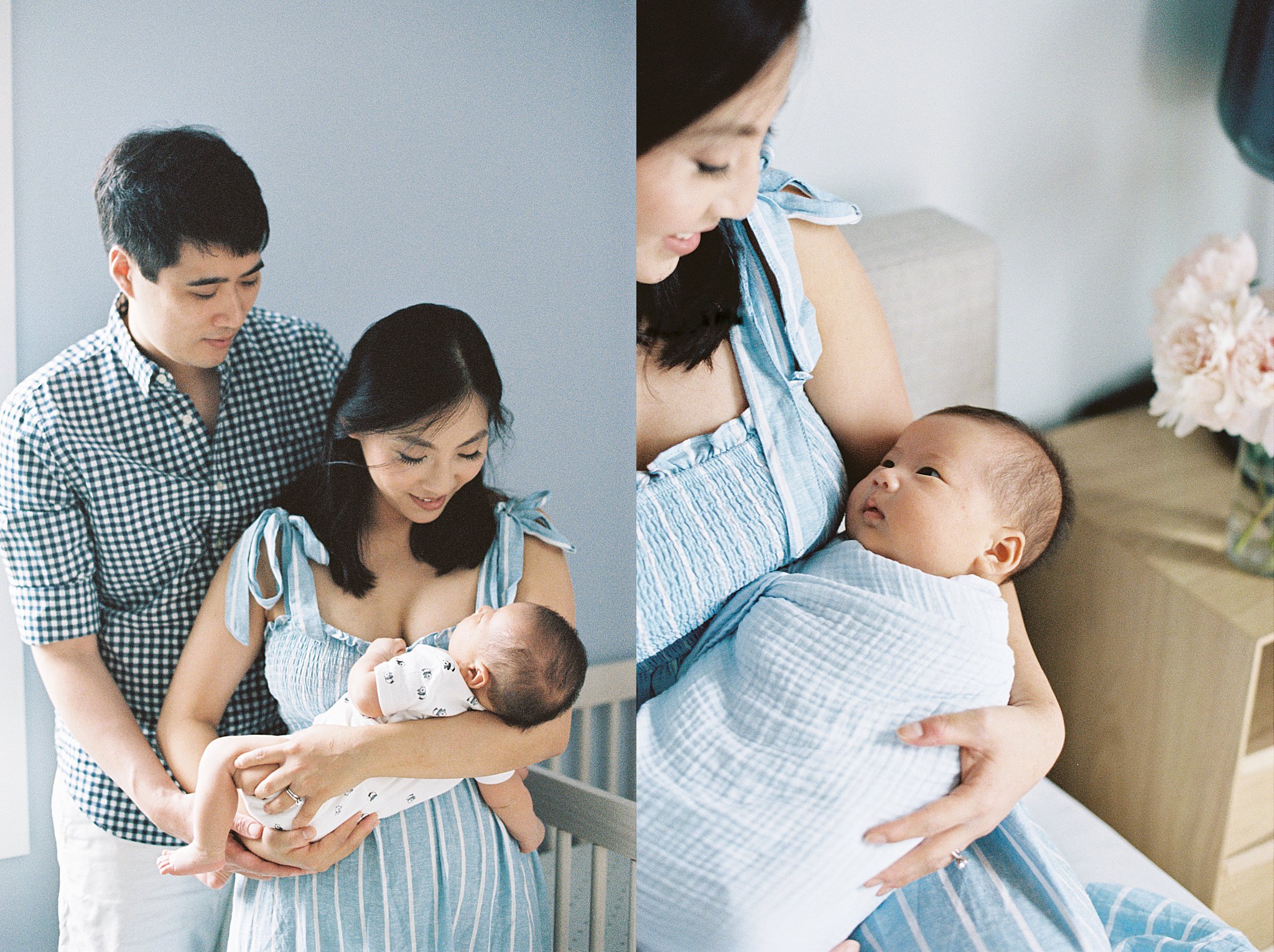 parents smile at their little one by Boston family portrait photographer