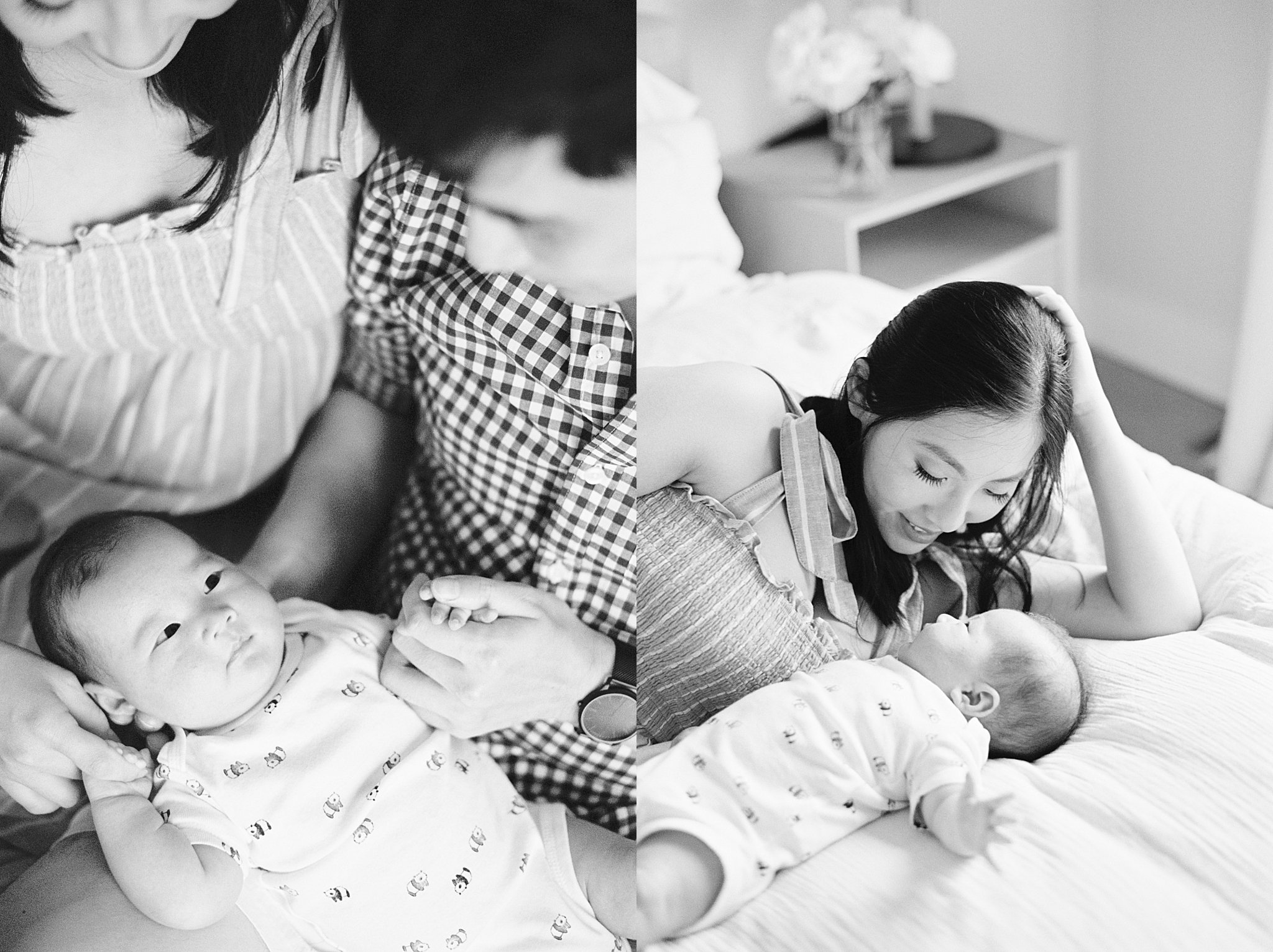 woman lays on bed next to her child by Lynne Reznick Photography