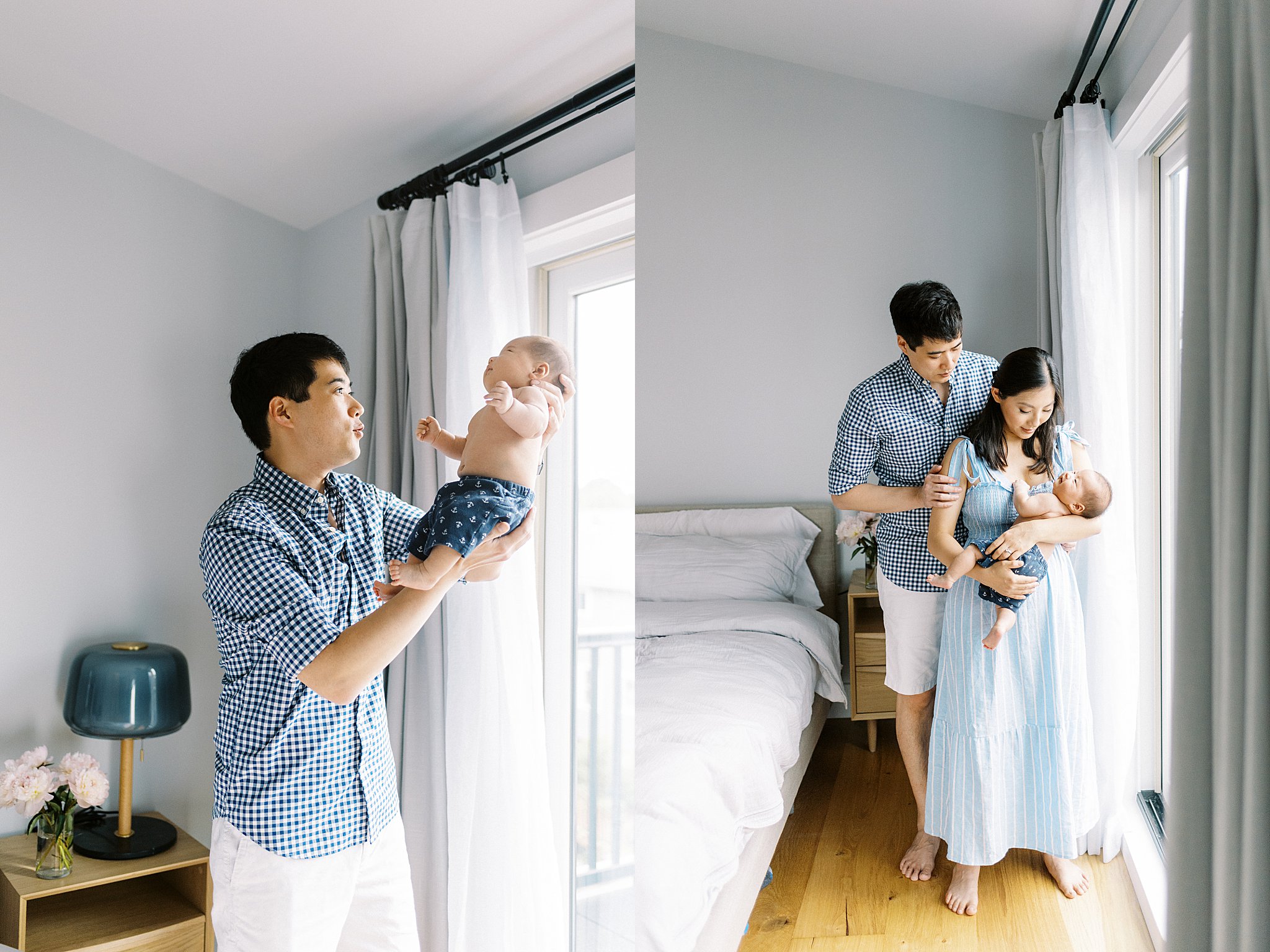 mother and father hold son in front of window at in-home lifestyle session