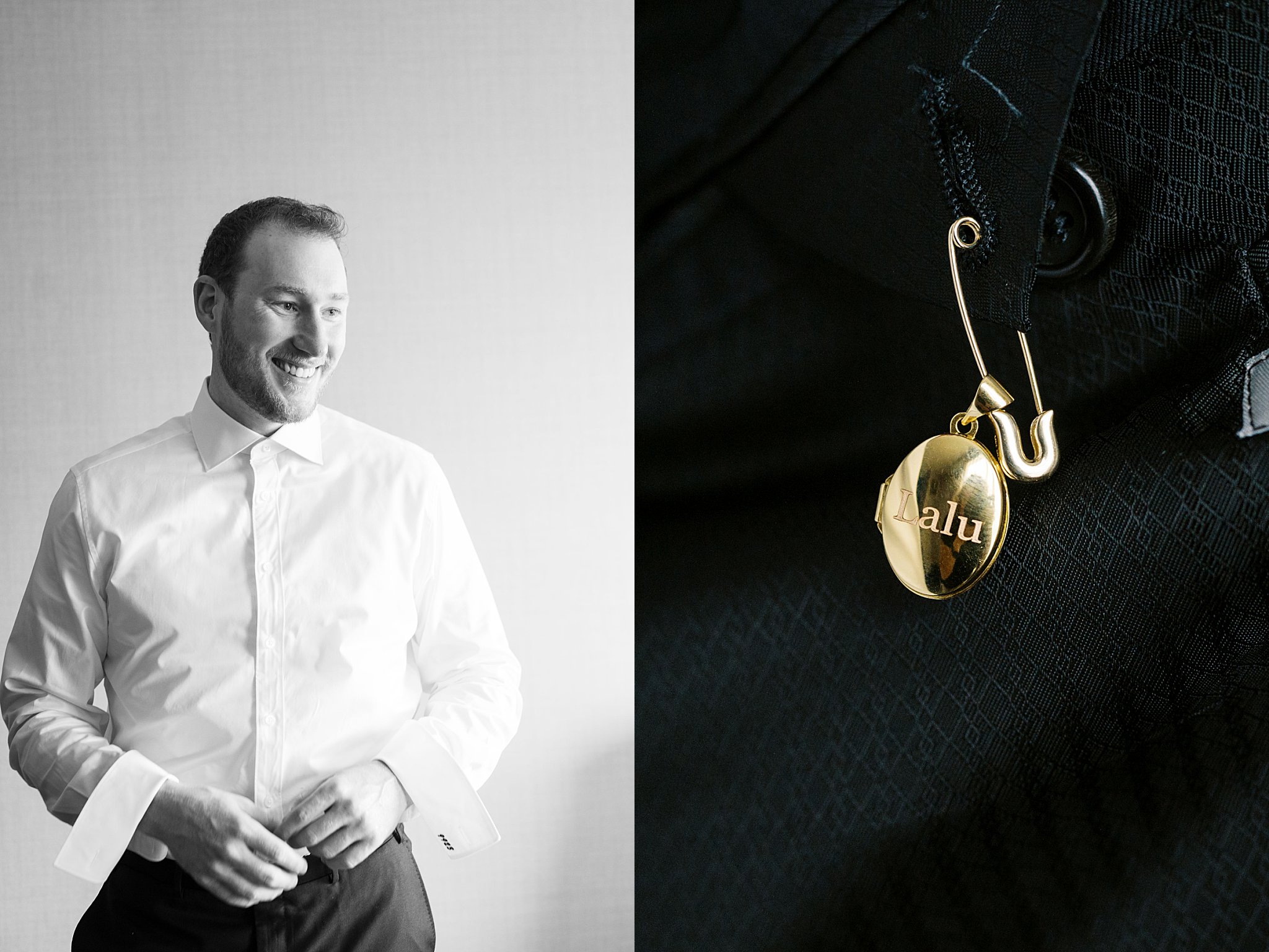 groom smiles while getting dressed by Lynne Reznick Photography