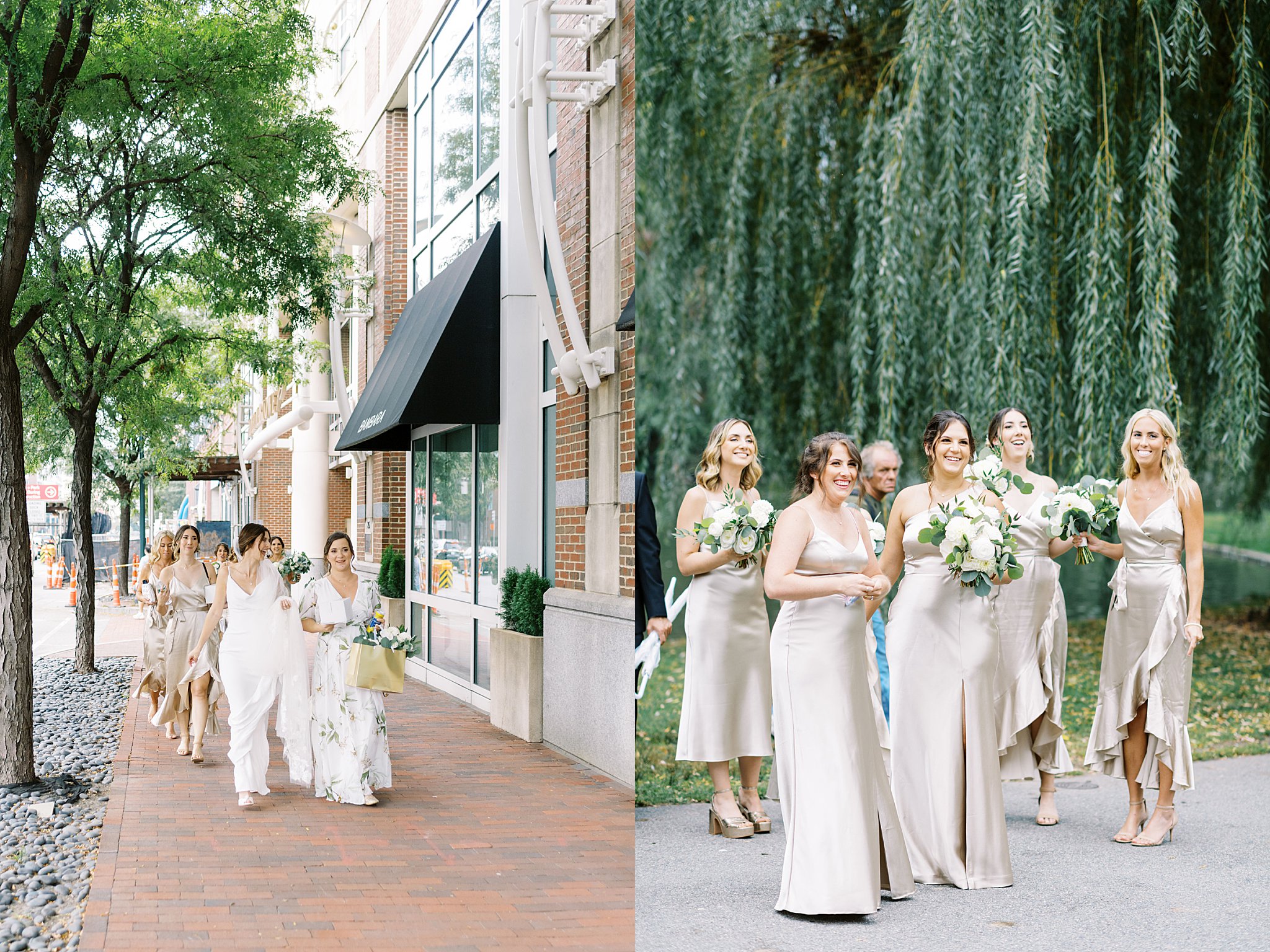 bridesmaids walk with bride down sidewalk by Boston Wedding Photographer