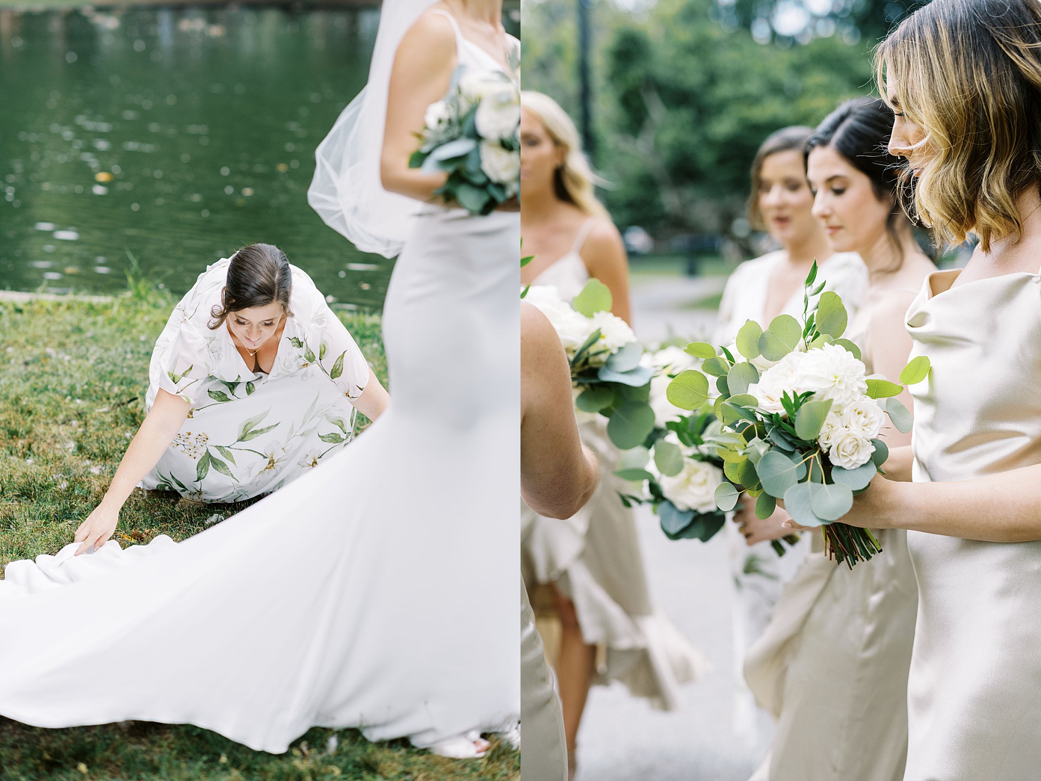 maid of honor adjusts train of dress by Lynne Reznick Photography