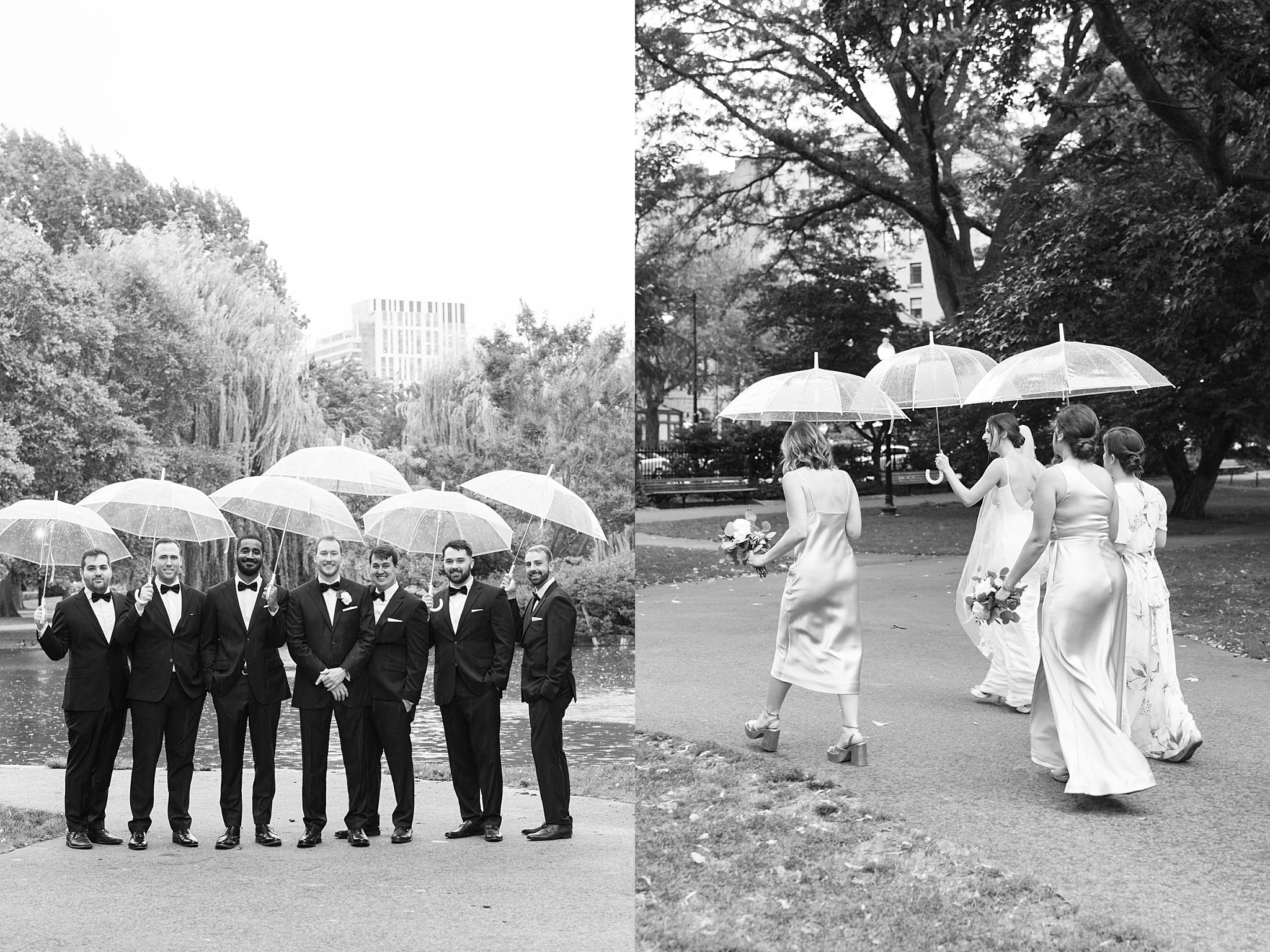 wedding party walks holding umbrellas by Boston Wedding Photographer