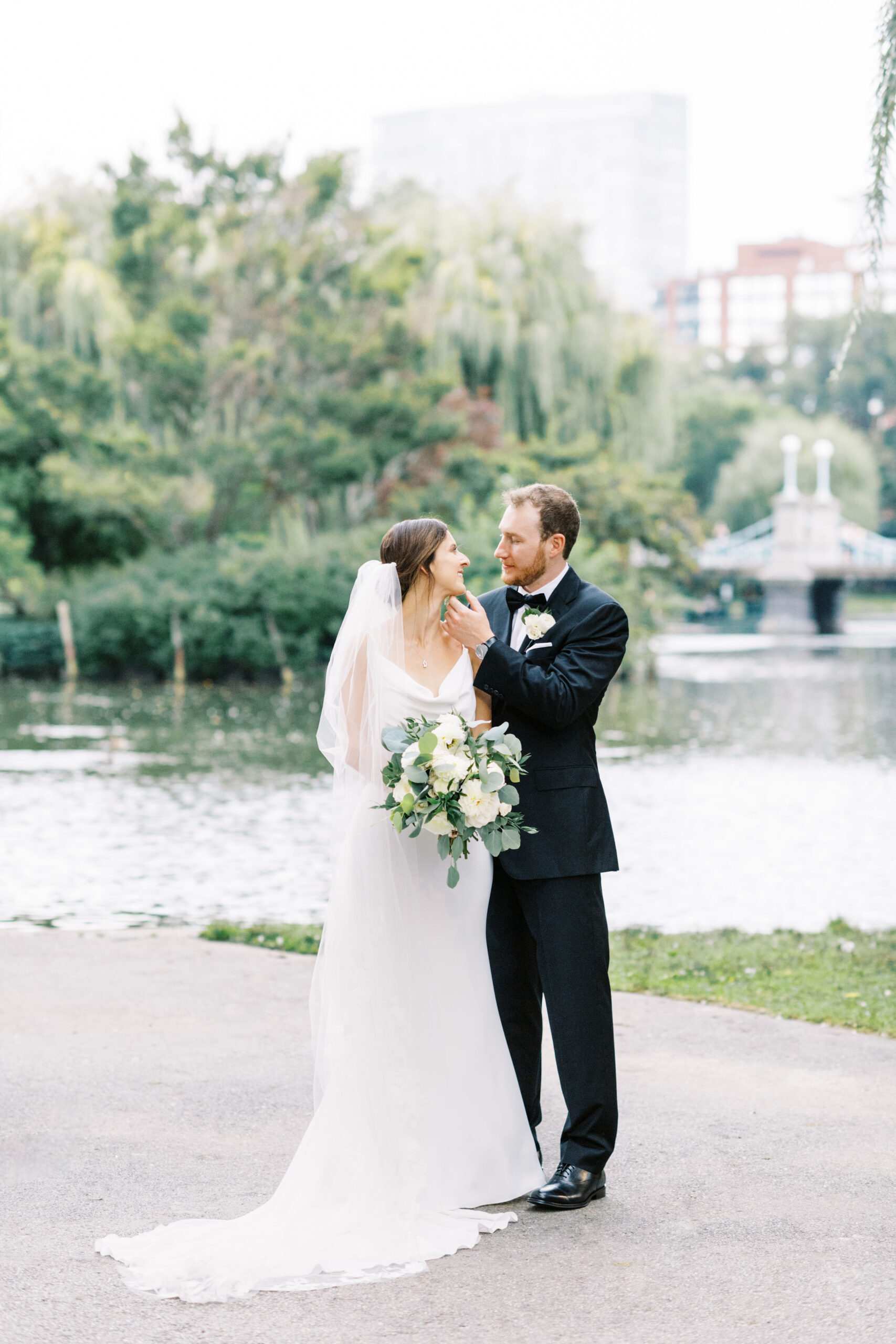 bride and groom wedding portrait in the Boston Public Garden for New England wedding by Lynne Reznick