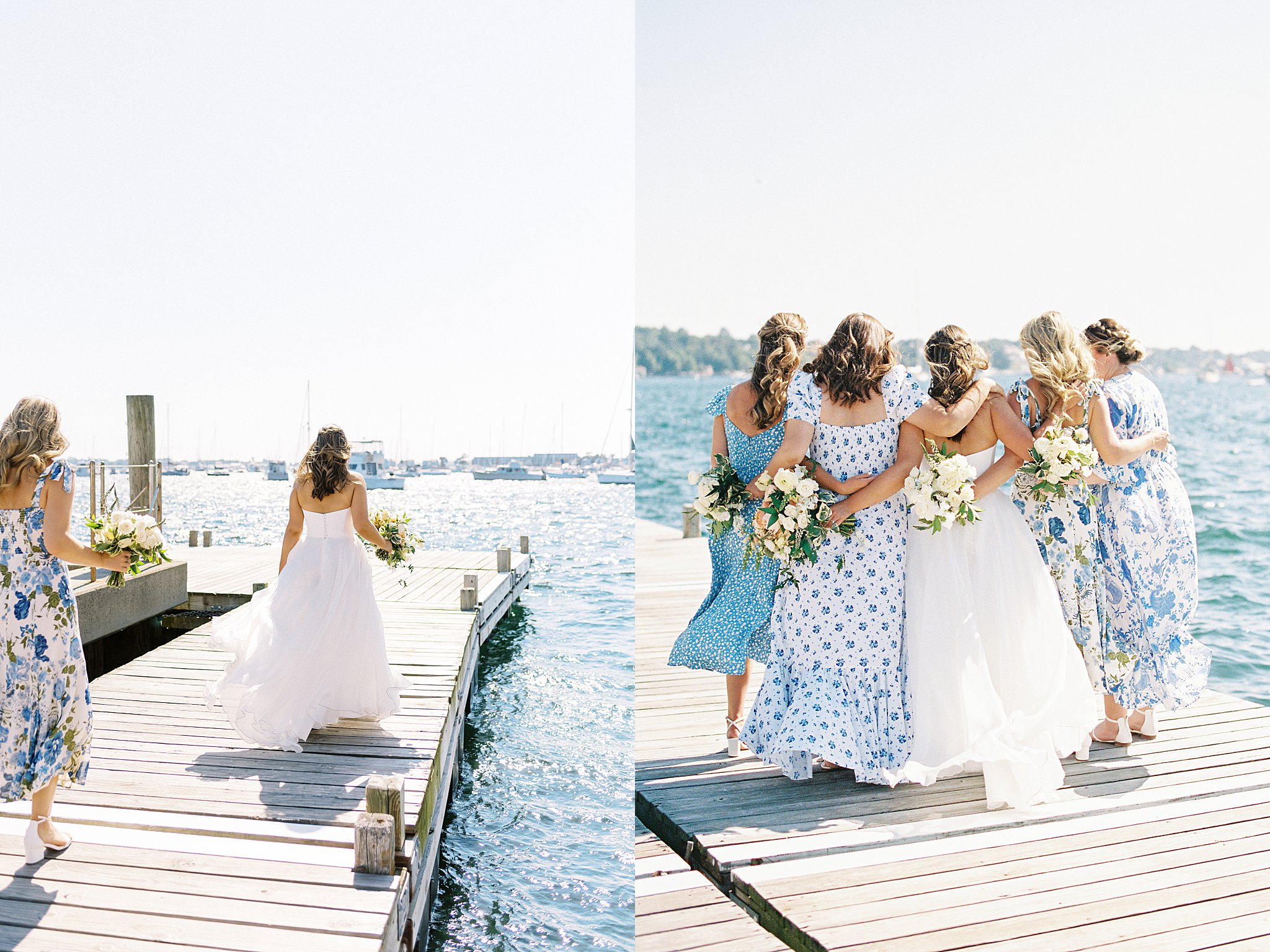 bridesmaids walk with arms around each other on the dock by Lynne Reznick Photography