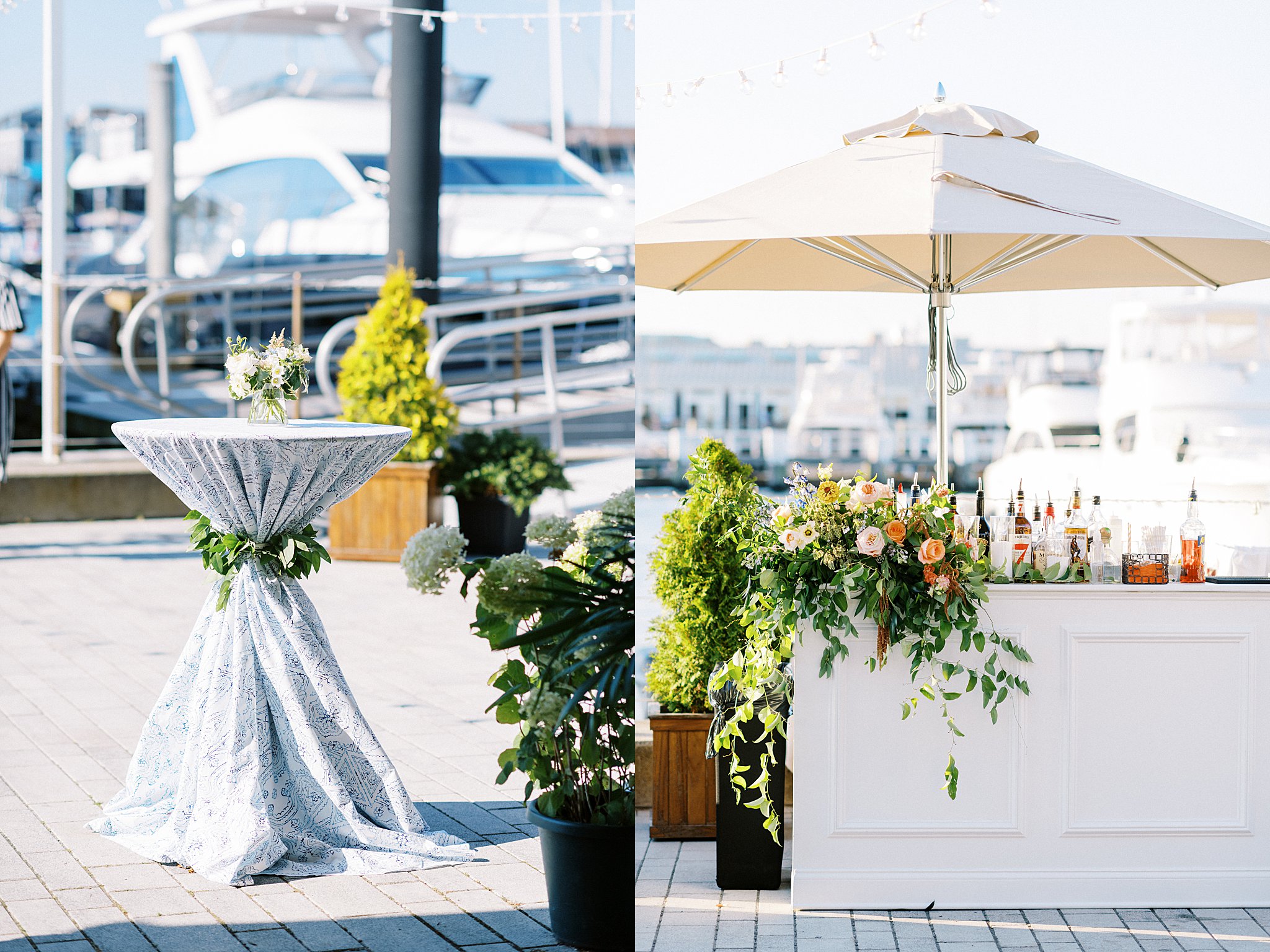 bar is decorated with lush florals and summery umbrella at The Bohlin