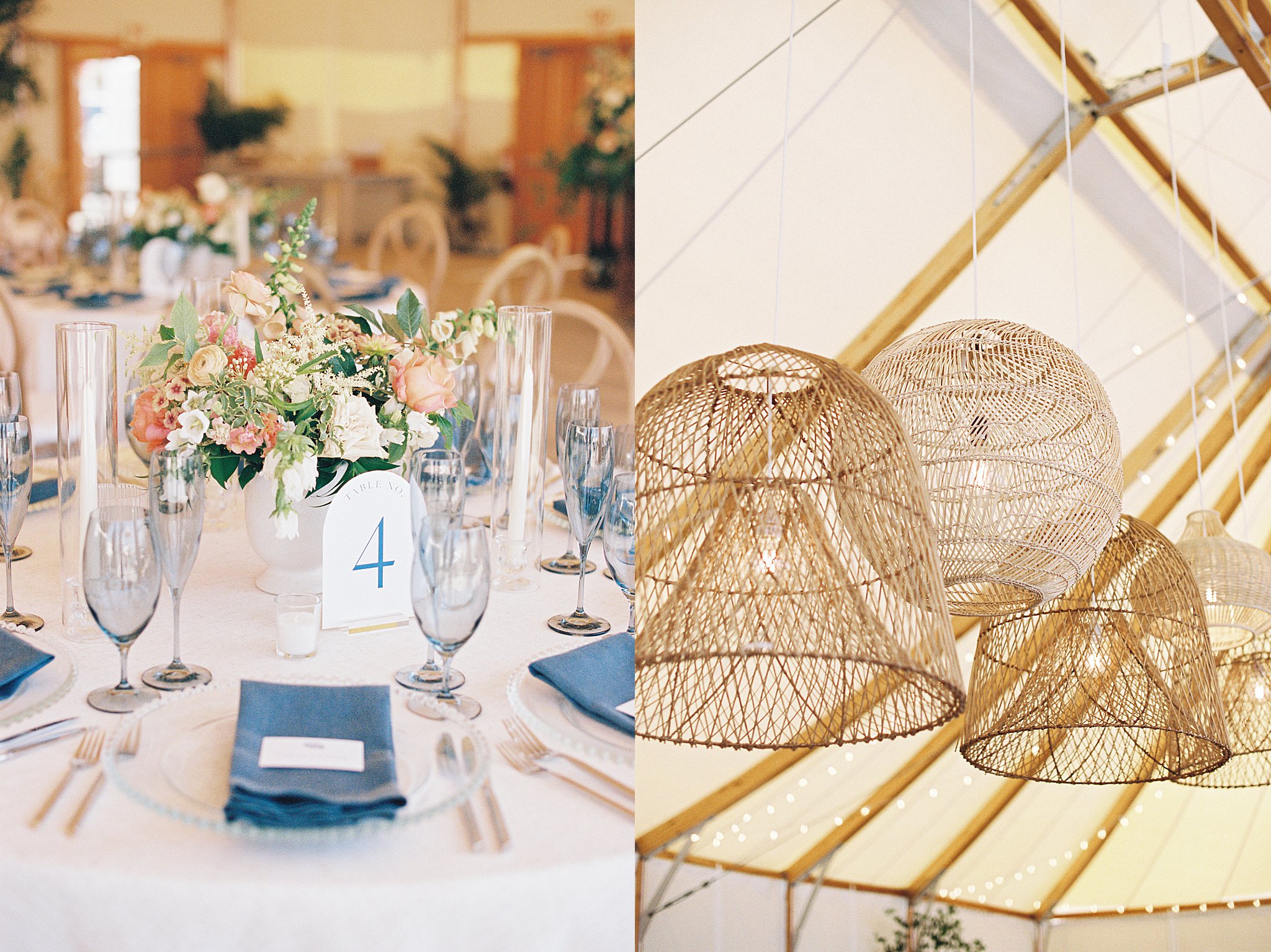 tables decorated with beautiful florals and blue accents by Boston wedding photographer