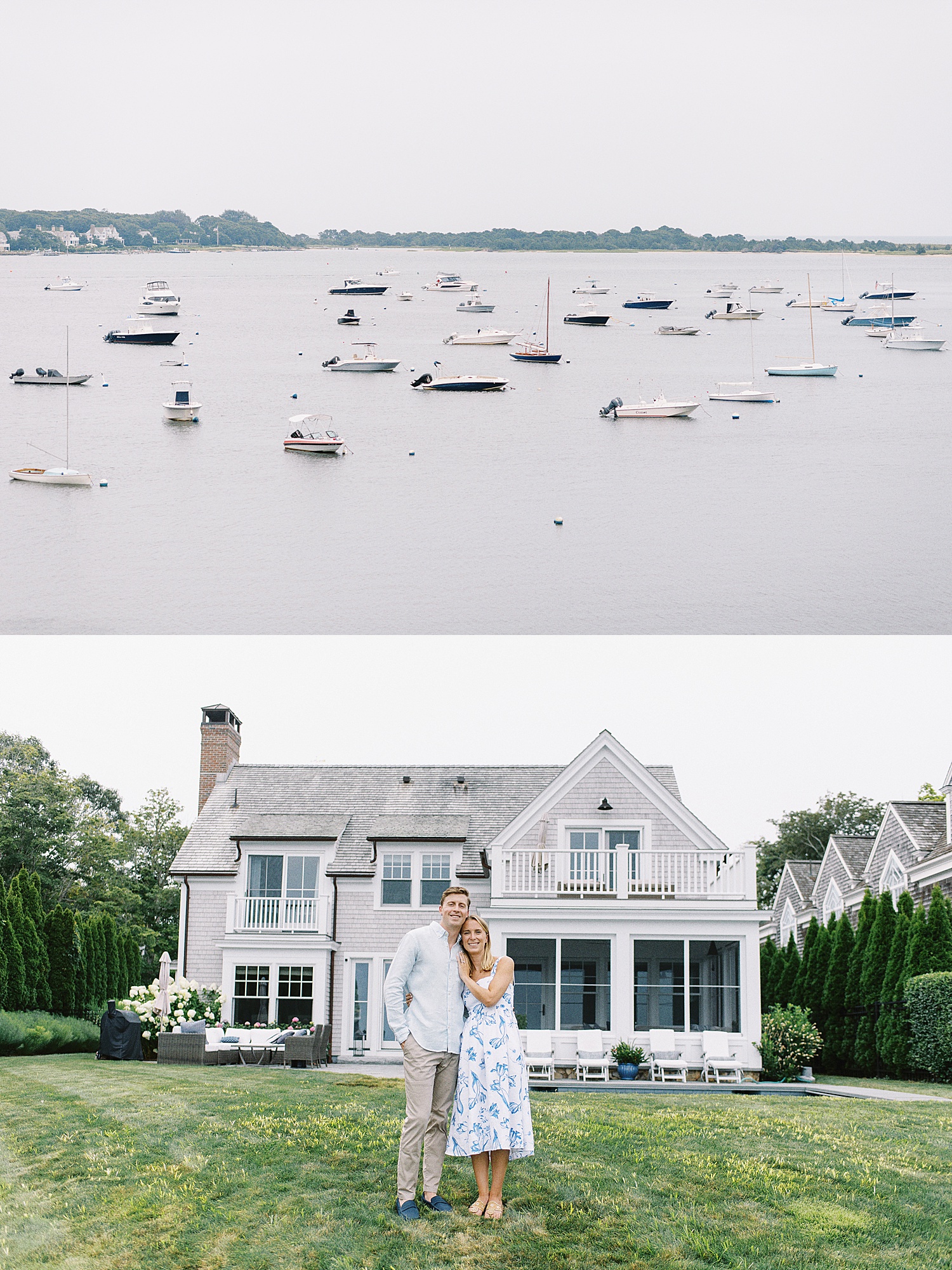 engaged couple stand in front of house at Cotuit Bay 