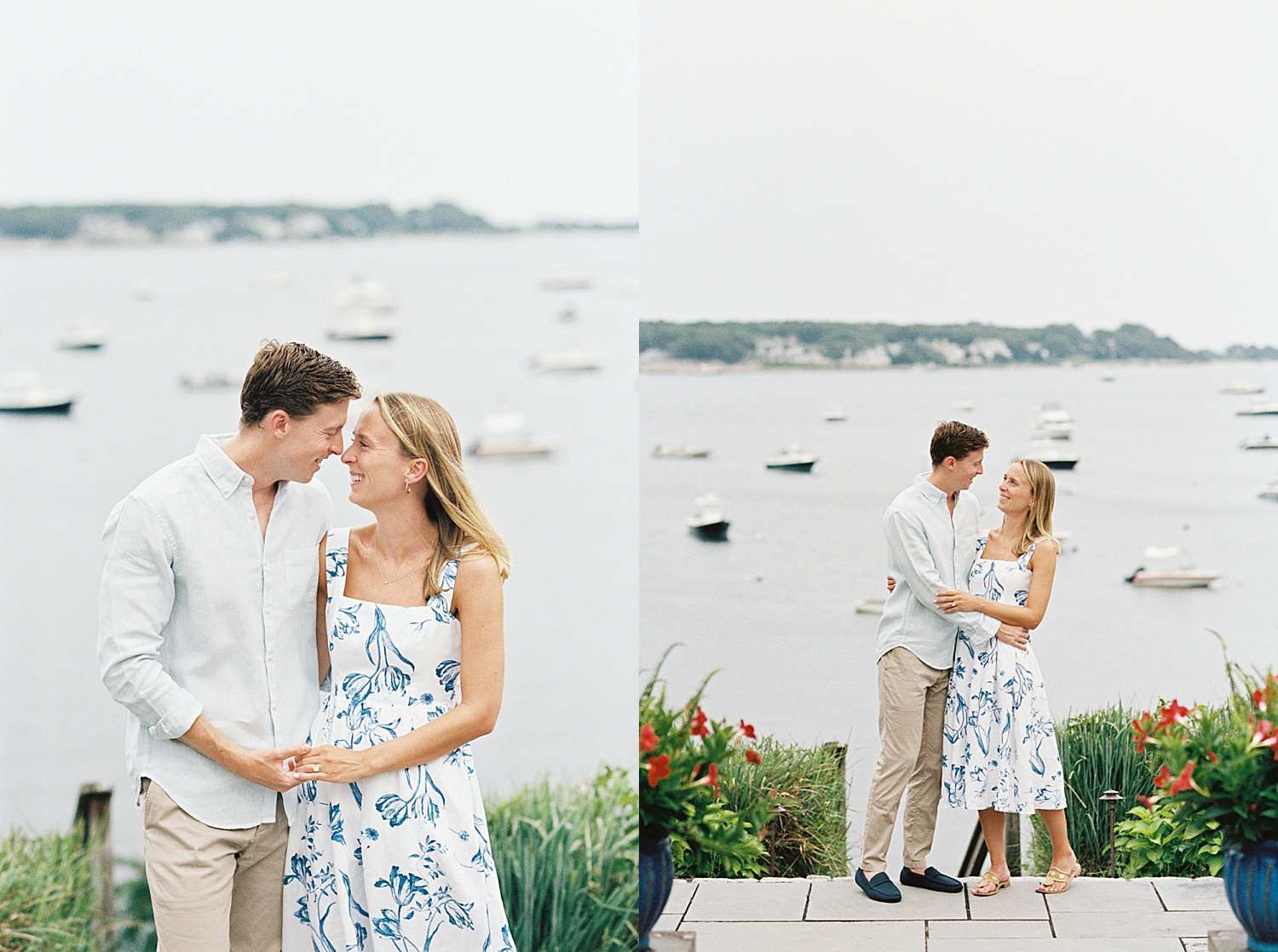 blonde woman in blue dress in front of boats in Cotuit Bay