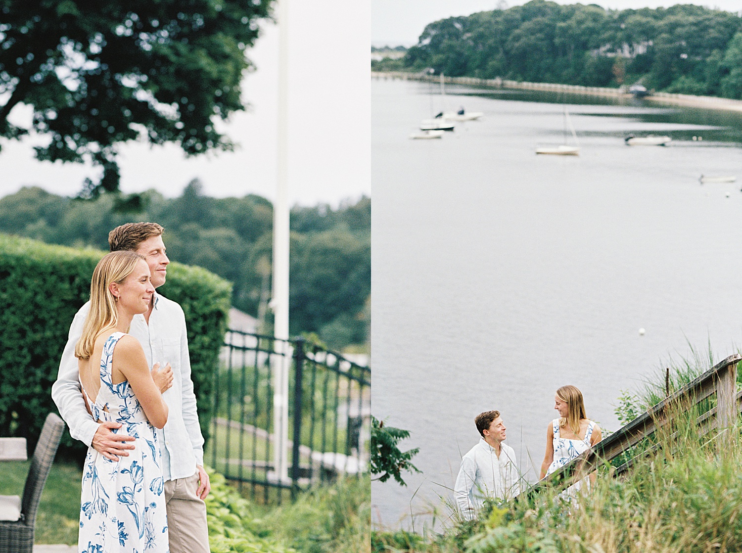 woman leads husband up the stairs in front of the ocean by Cape Cod Wedding Photographer