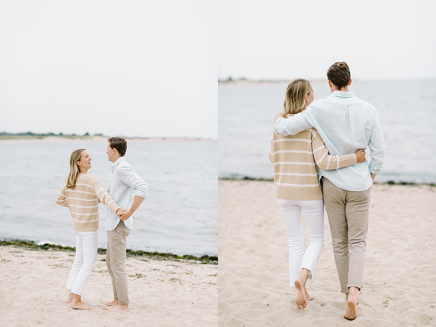 man and woman walk arm and arm towards the ocean by Cape Cod Wedding Photographer