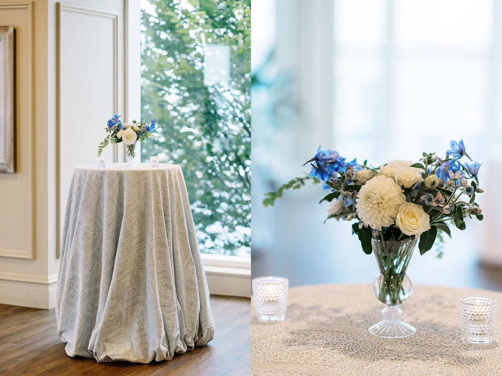 textured linens and simple floral arrangements on table at welcome dinner by Lynne Reznick Photography 