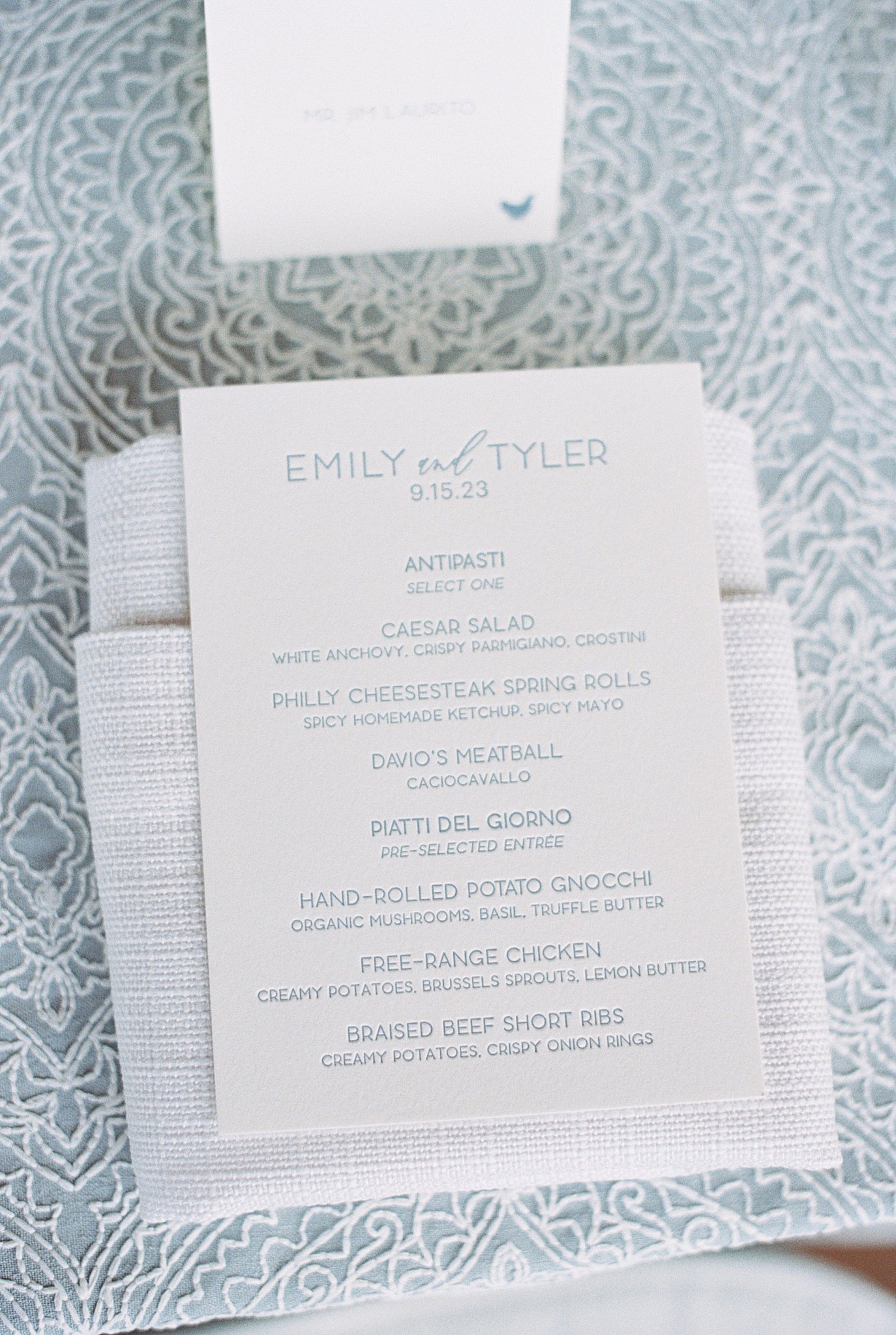 reception menus on napkin by Boston wedding photographer