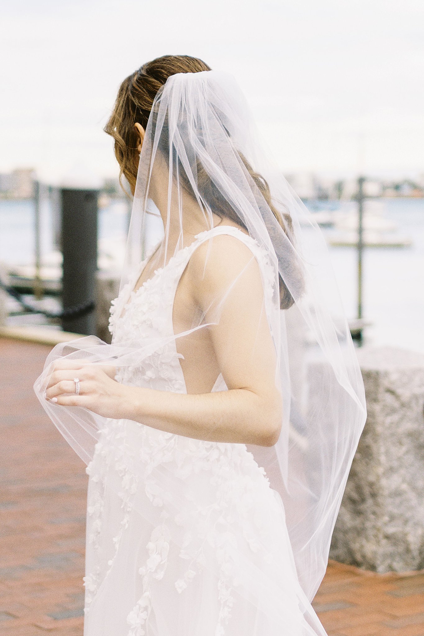 bride looks over sea holding veil by Lynne Reznick Photography 