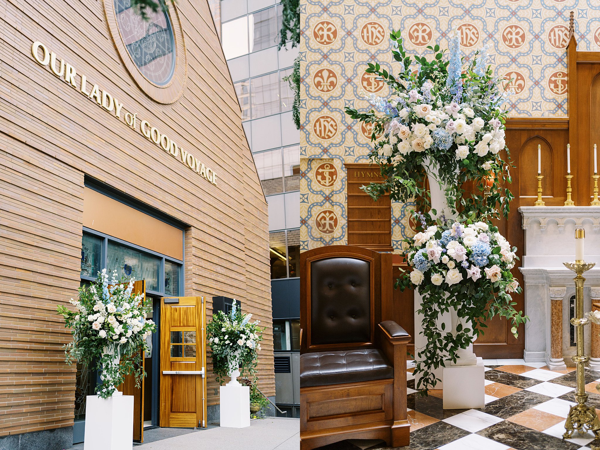 large florals outside church entrance by Boston wedding photographer