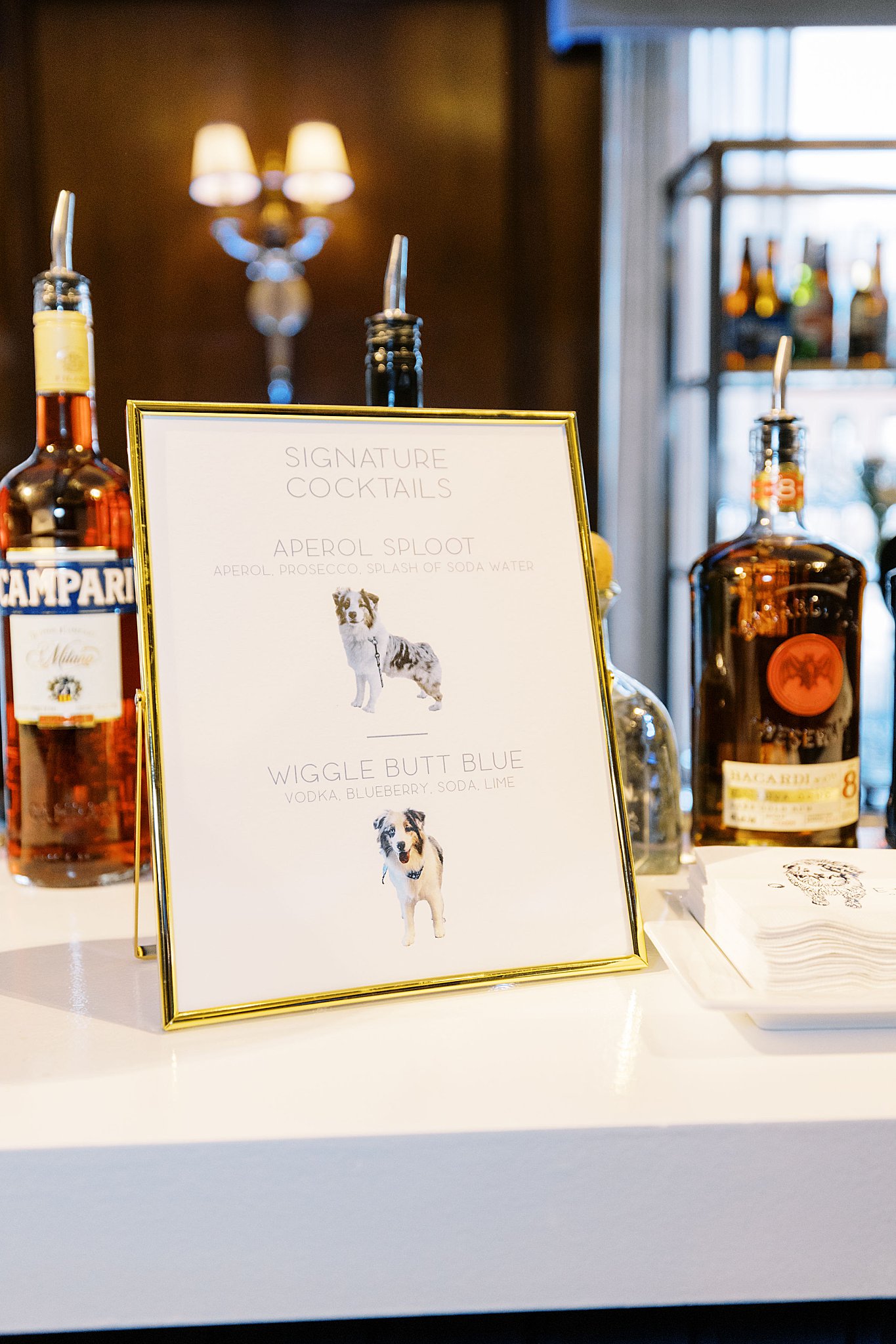 signature drink menu features dog by Boston wedding photographer