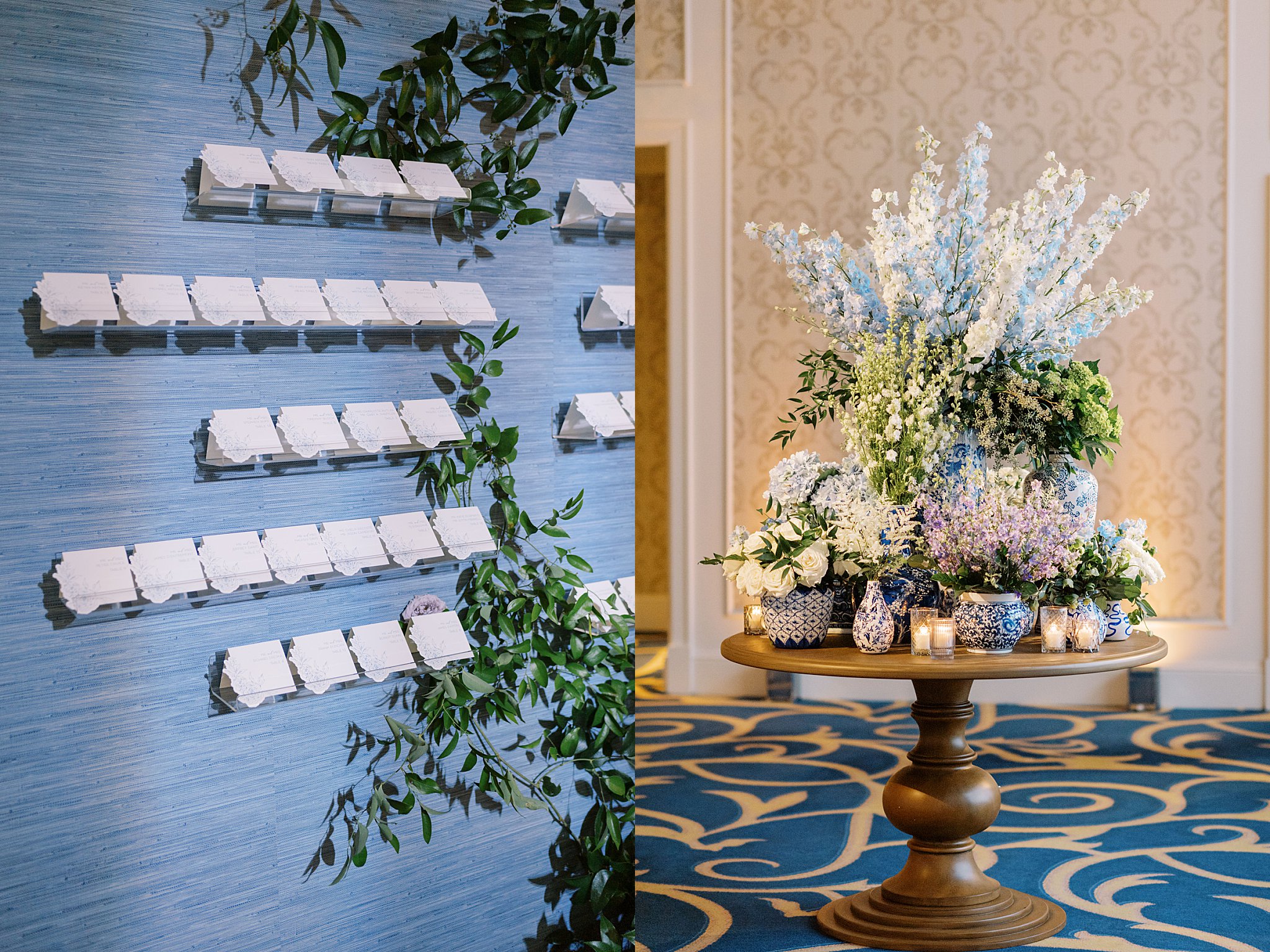 escort cards displayed on custom display with florals by Boston wedding photographer