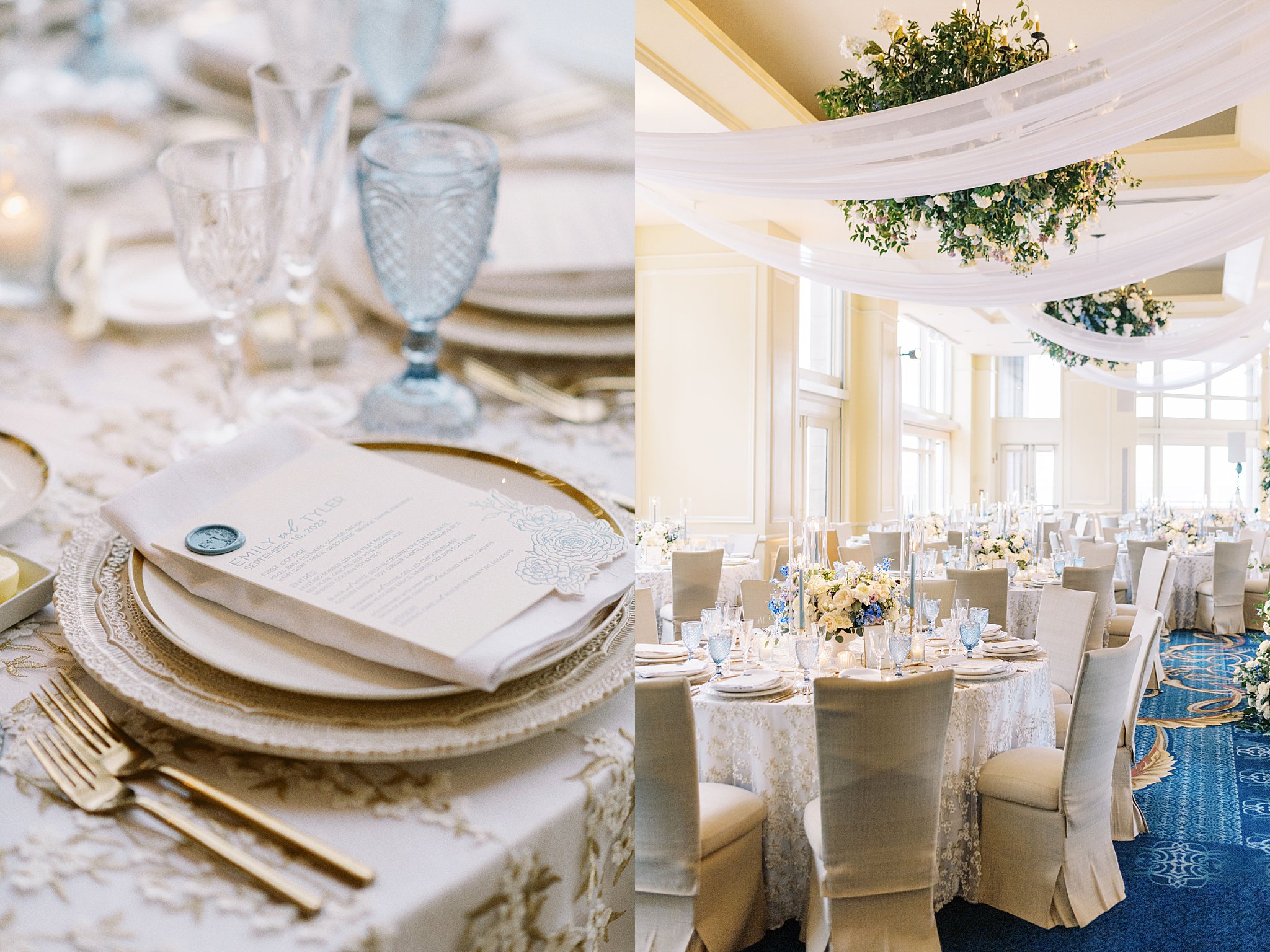 drapery swathed from ceiling above reception tables at Boston Harbor Hotel