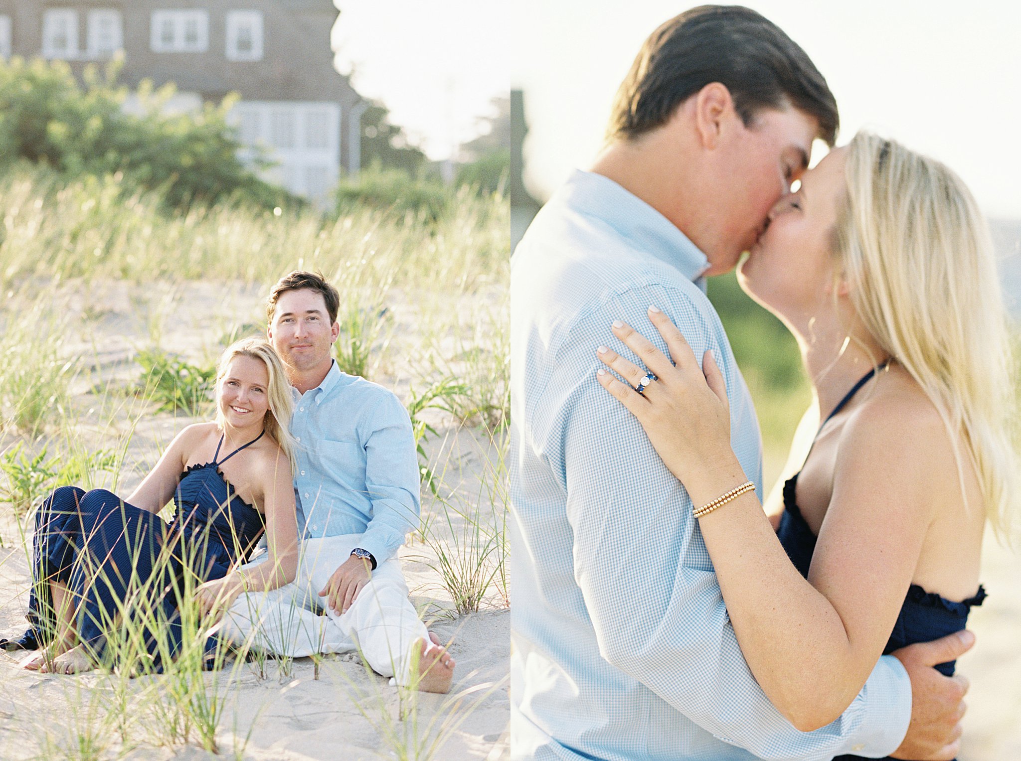 soon to be wed couple sits together in beach grass by Lynne Reznick photography 