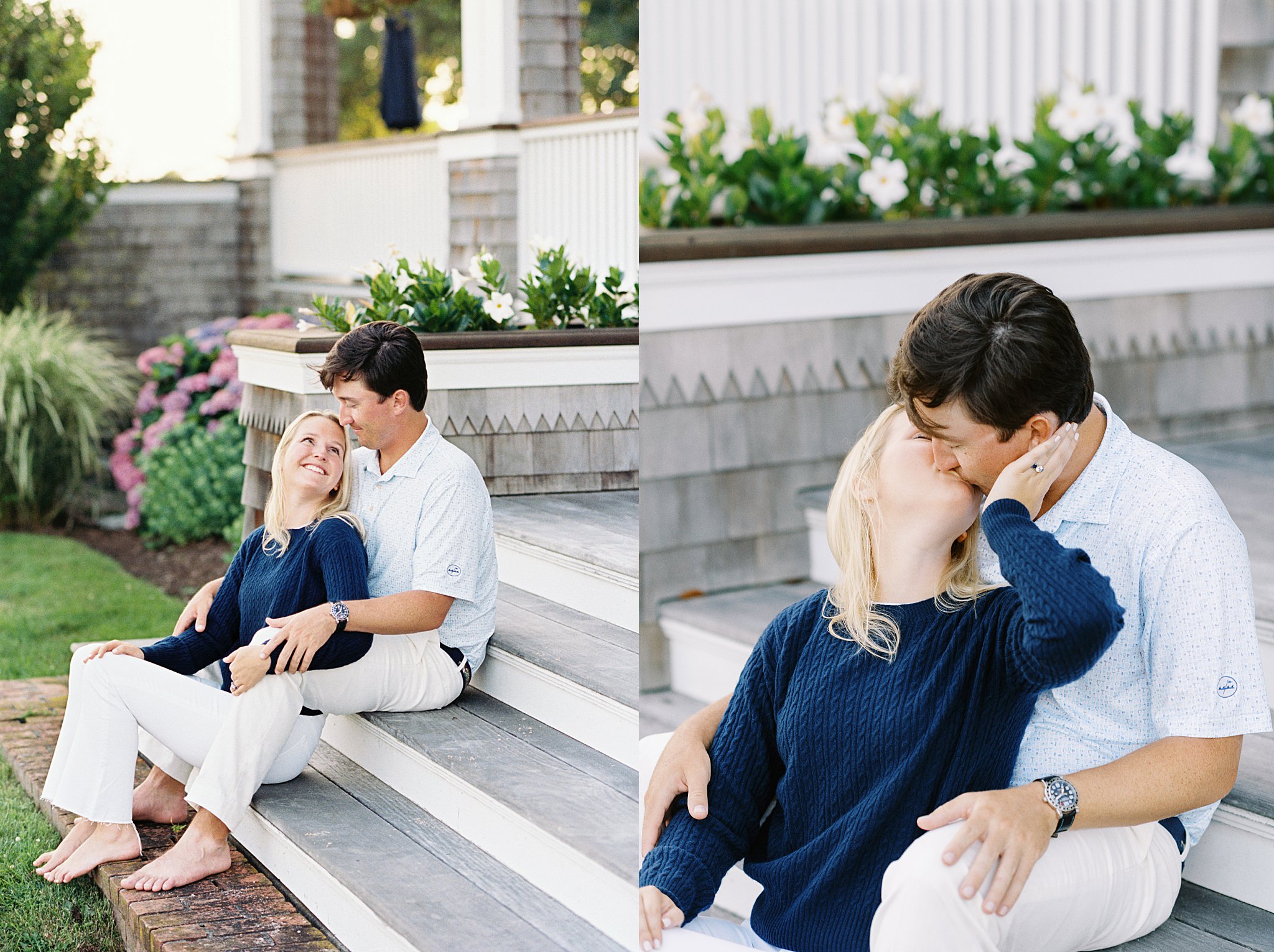 couple kiss as they sit on back steps by Watch Hill engagement session