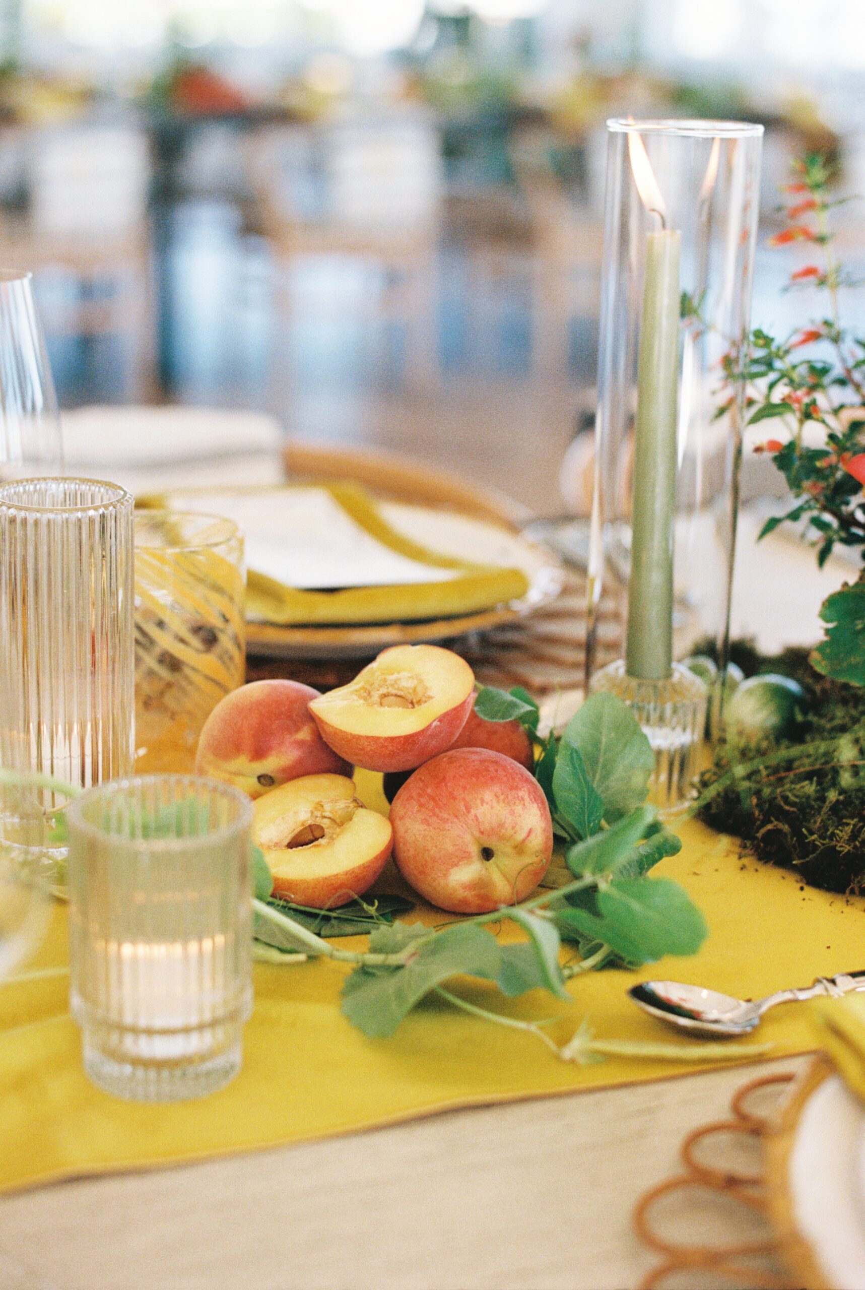 peaches on table for Cape Cod event photogs by Boston wedding photographer
