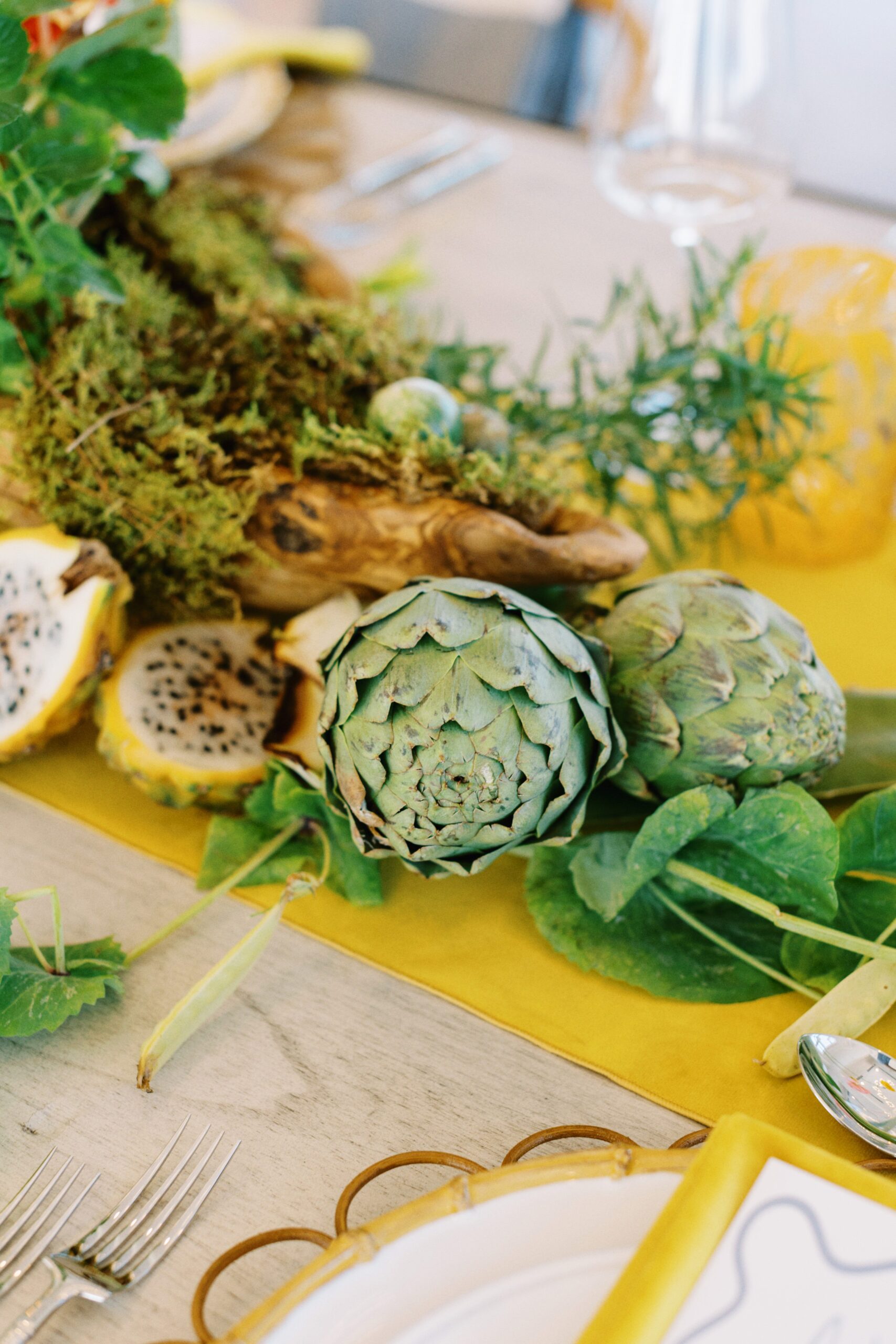 artichokes as centerpiece for wedding event design on Cape Cod by Boston wedding phtoographer