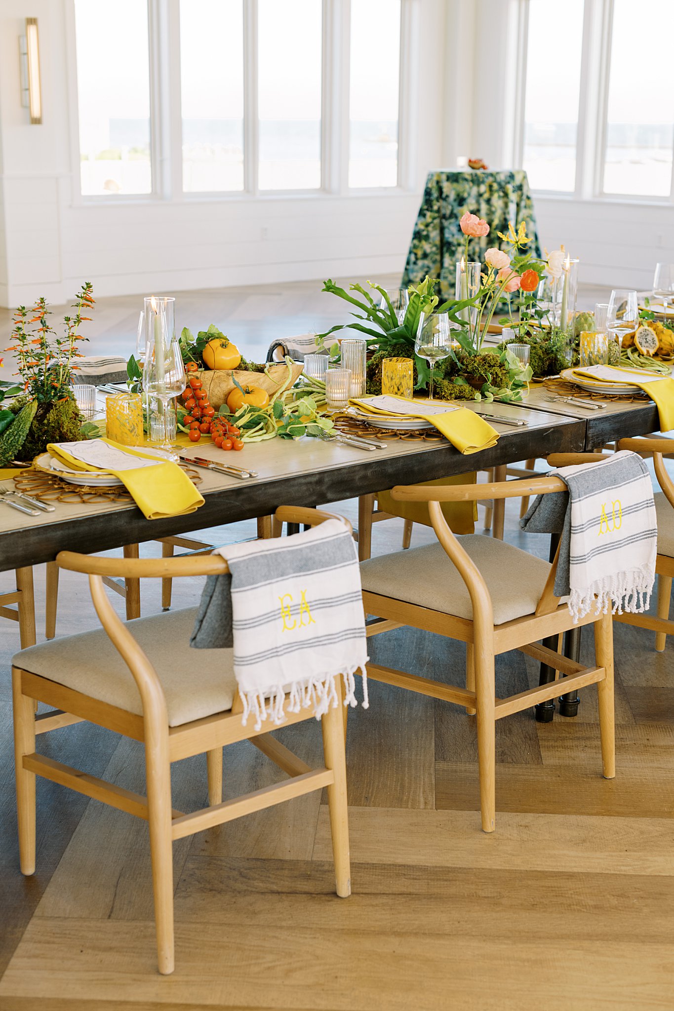 tablescape filled with bright linens, florals, and non-traditional materials at Wychmere Boston Planners Dining Club