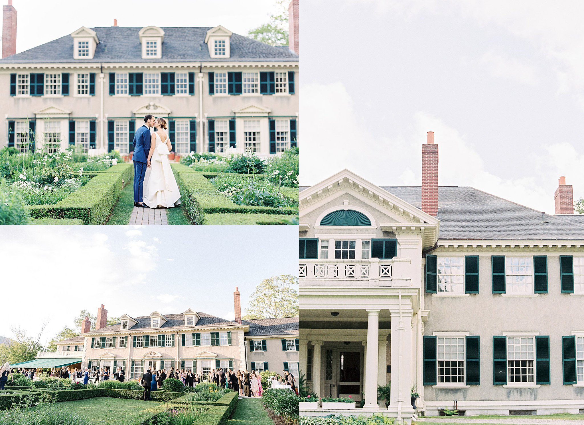 bride and groom kiss in front of large mansion by New England wedding photographer