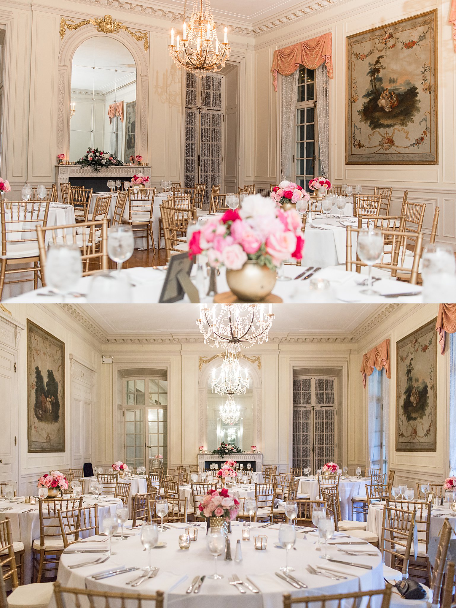 pink flowers add touch of color to ornate room by Lynne Reznick Photography