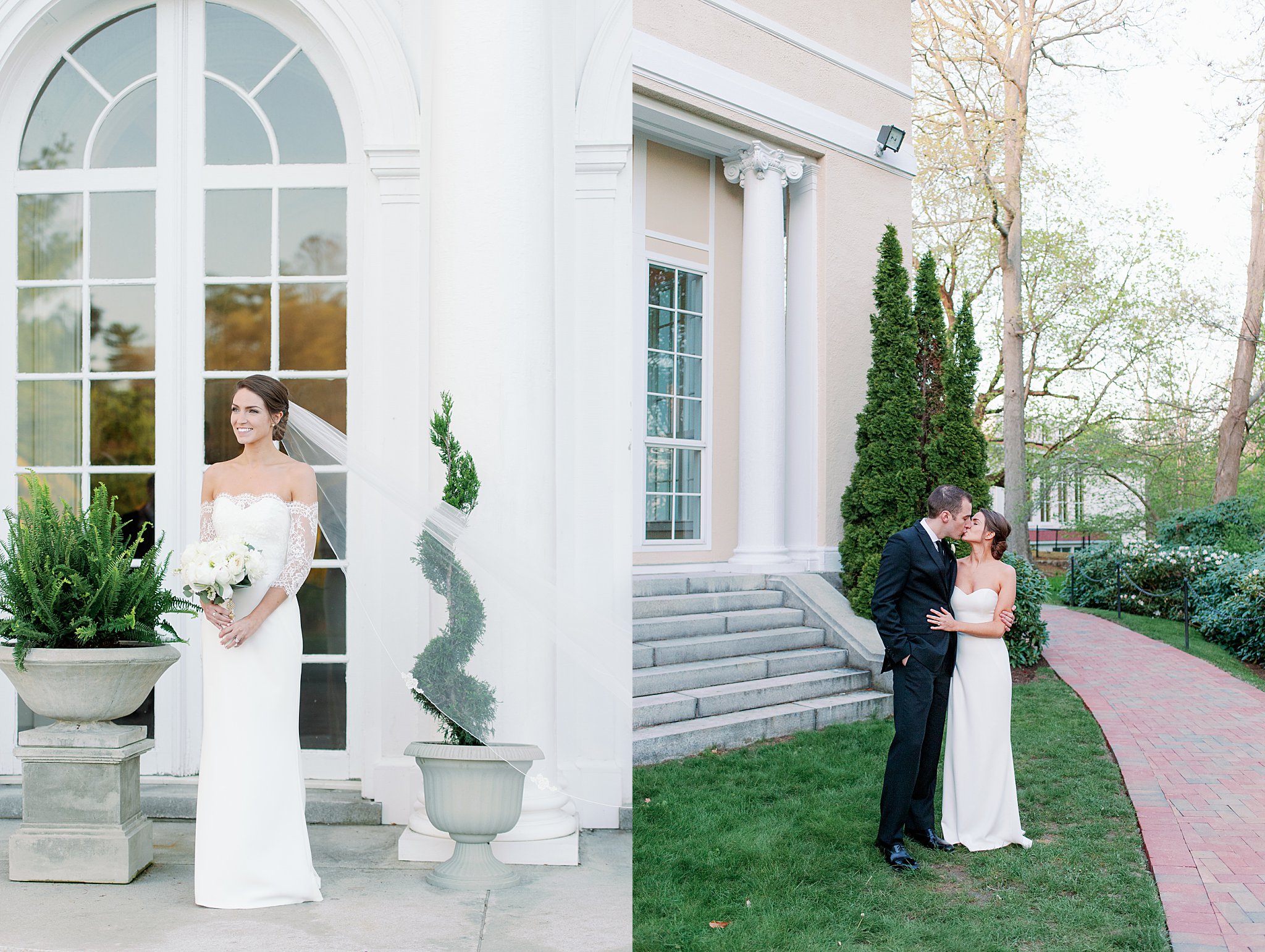 bride holds bouquet as veil blows in the wind by Lynne Reznick Photography