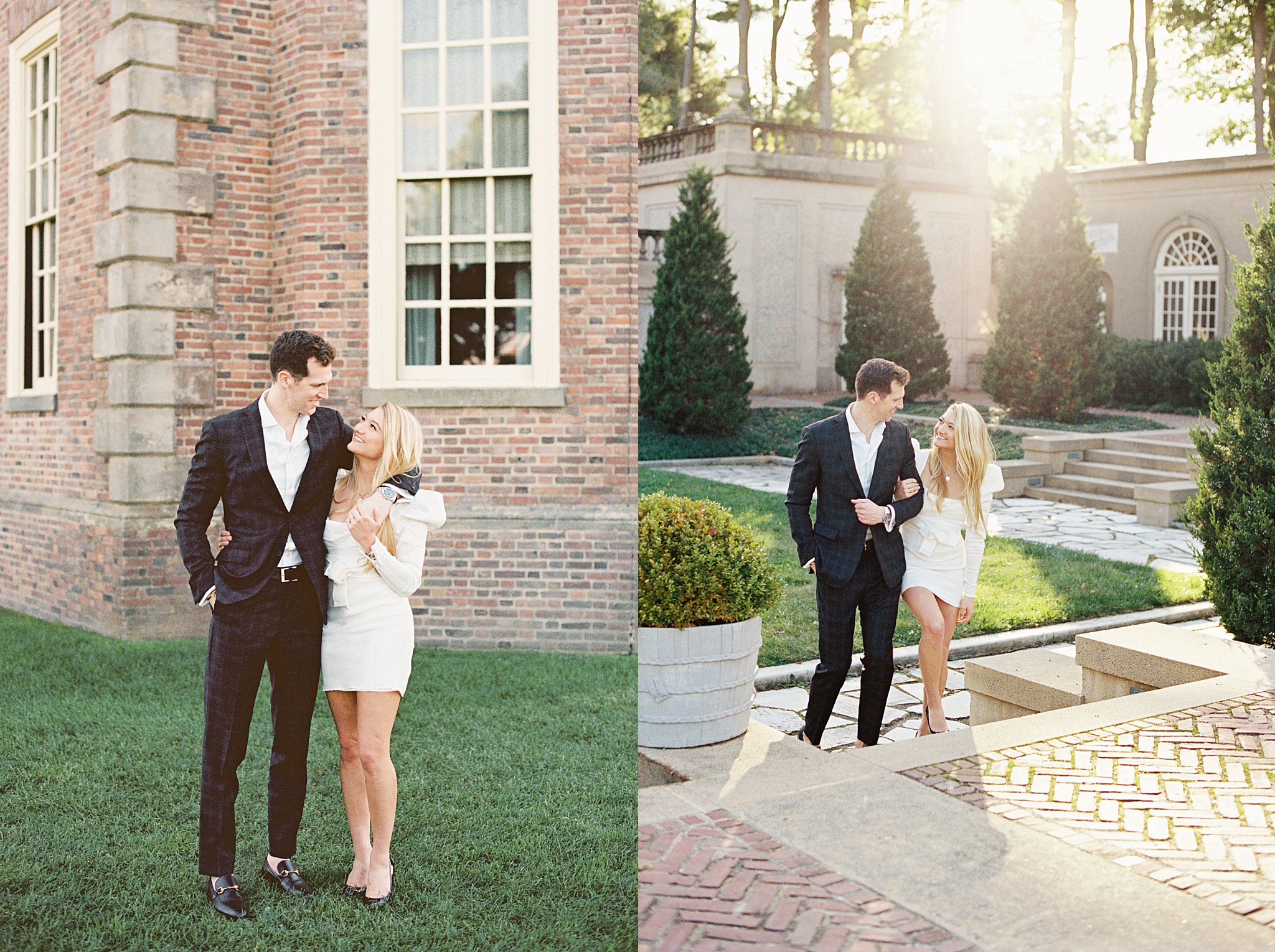 couple walks up brick steps by New England wedding photographer