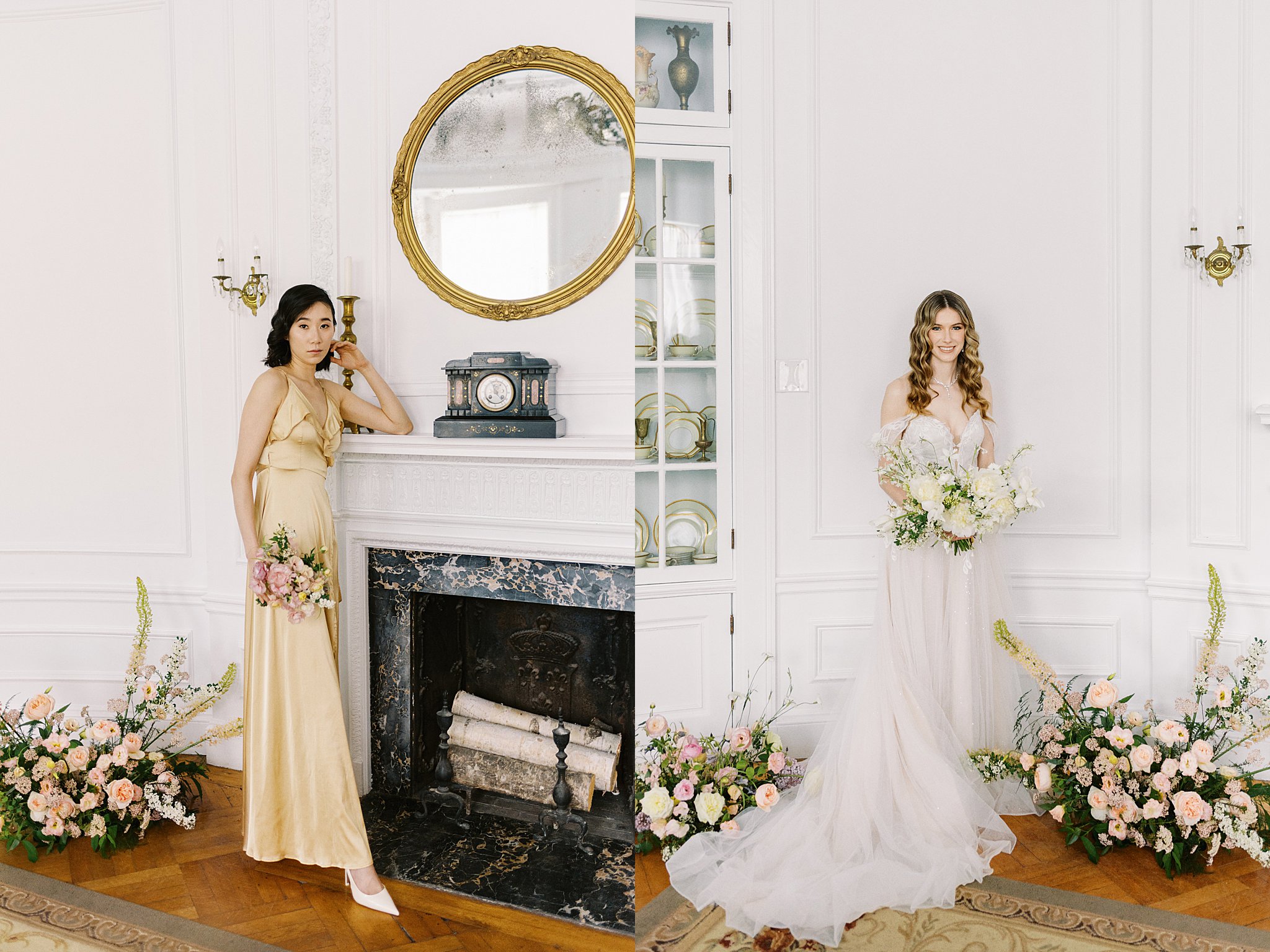 bride and bridesmaid stand near fireplace by New England wedding photographer