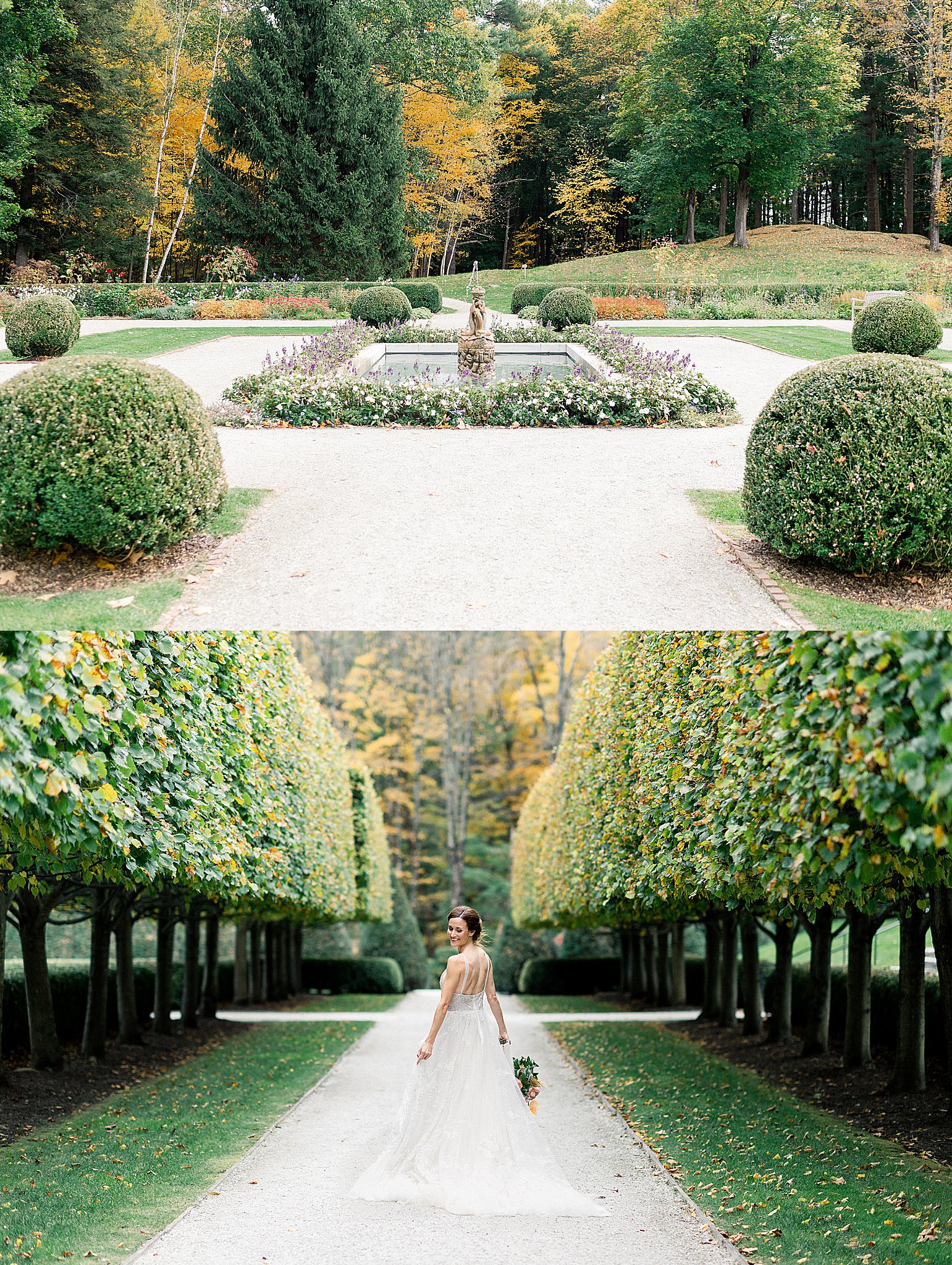 bride walks down tree-lined path by Lynne Reznick Photography