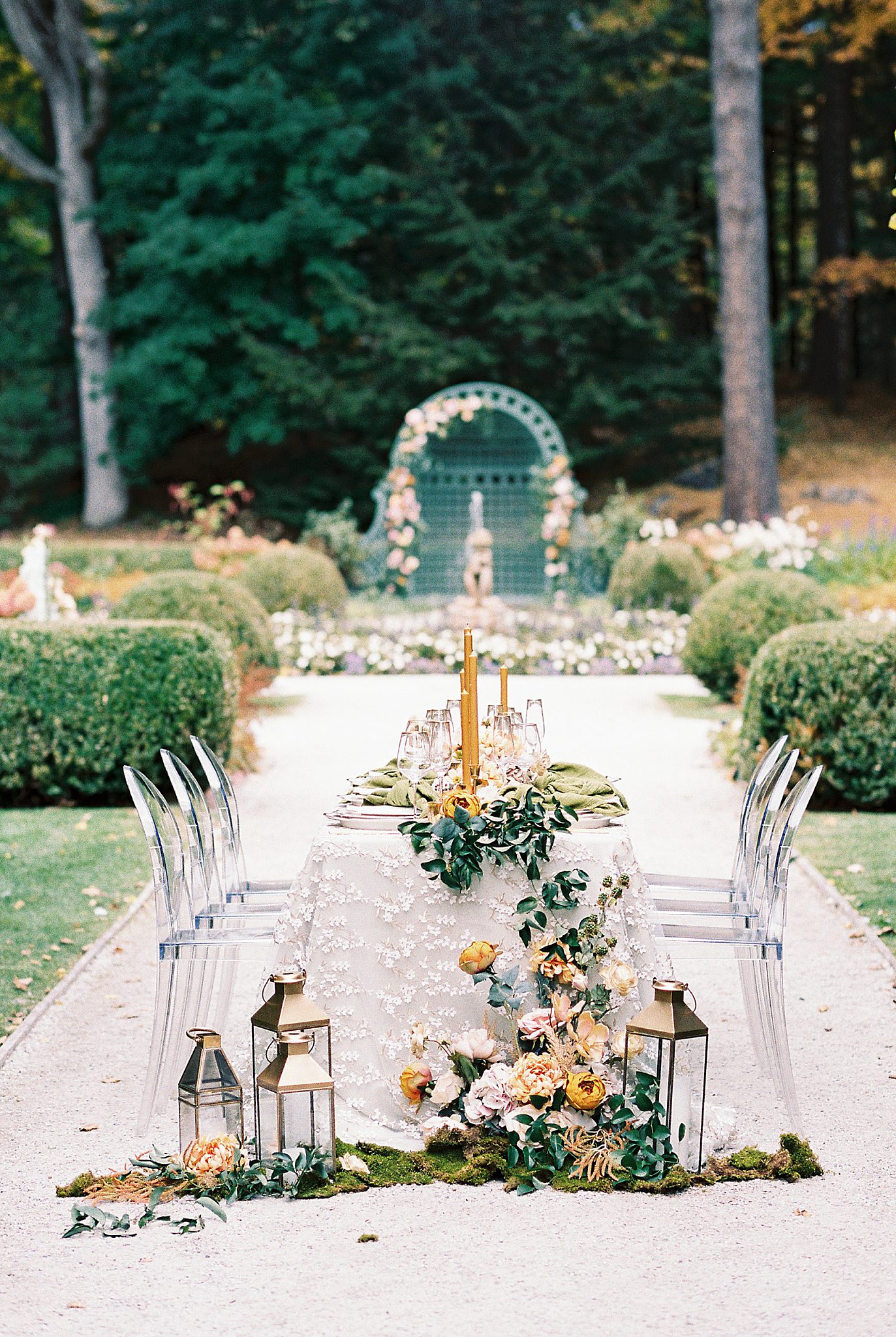 lush tablescape set up at one of 8 European-inspired Wedding Venues in New England 