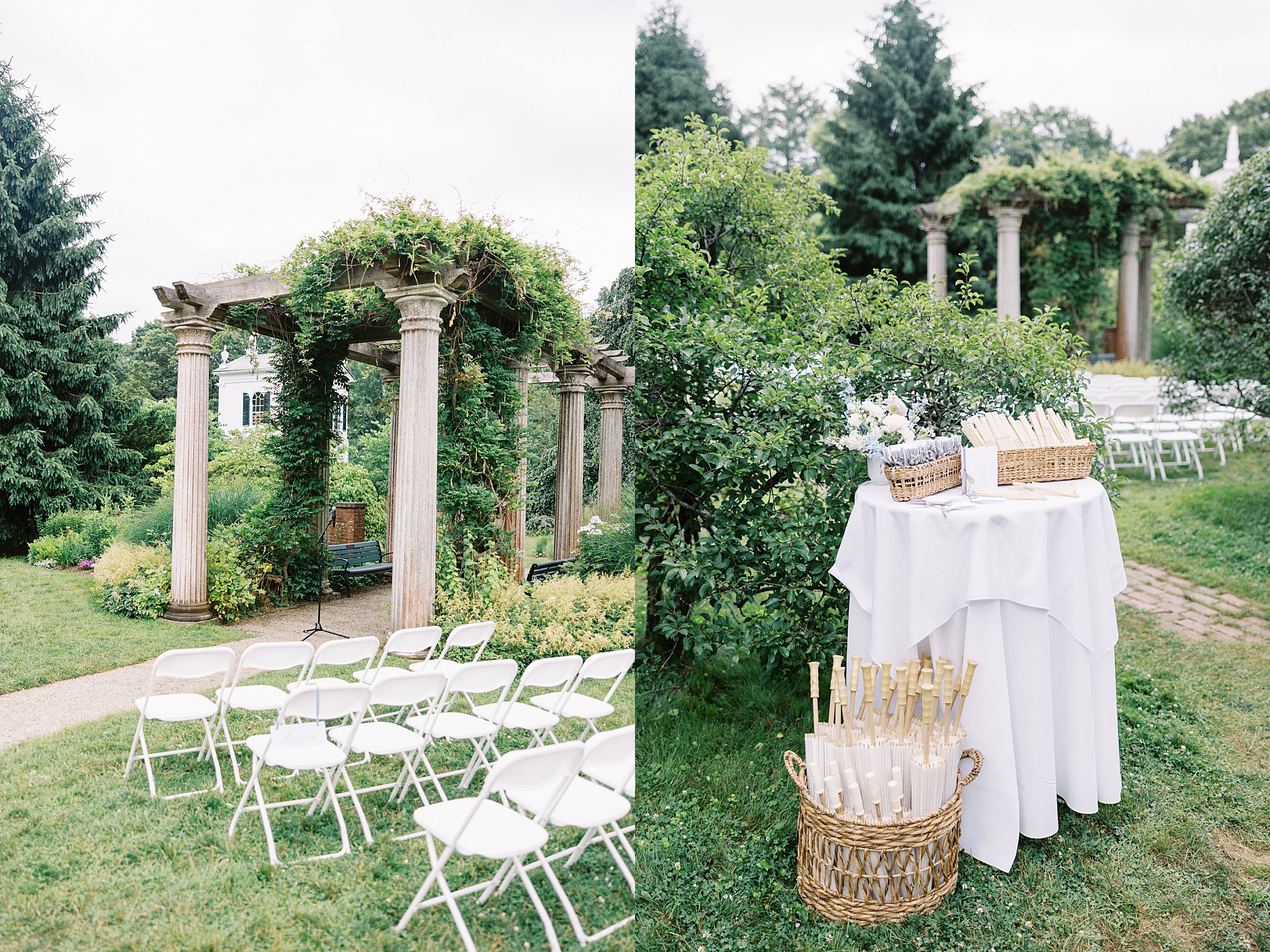 fans, programs, and parasols are laid out for guests by Boston wedding photographer