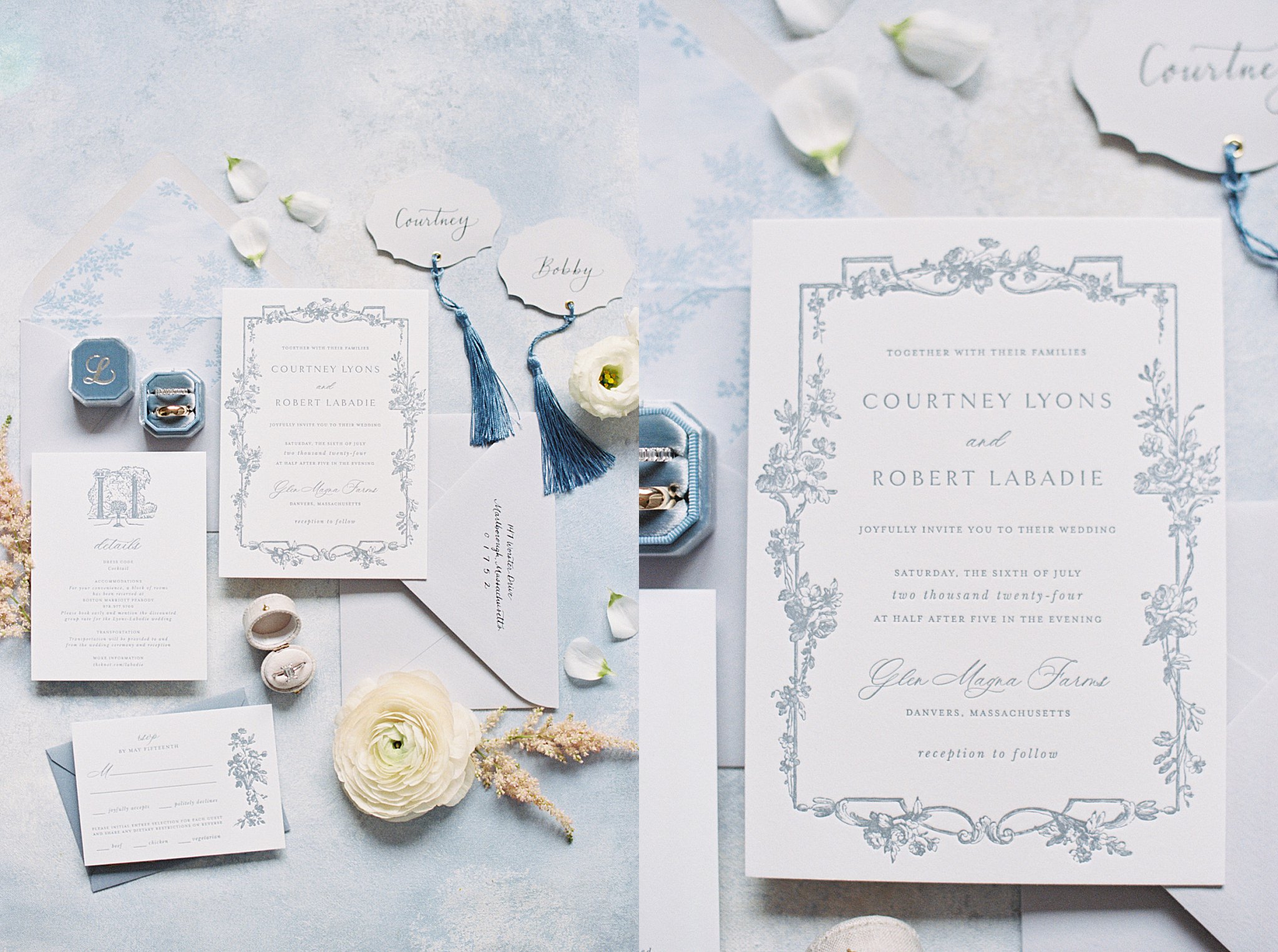 wedding stationery presented in flay lay at Glen Magna Farms