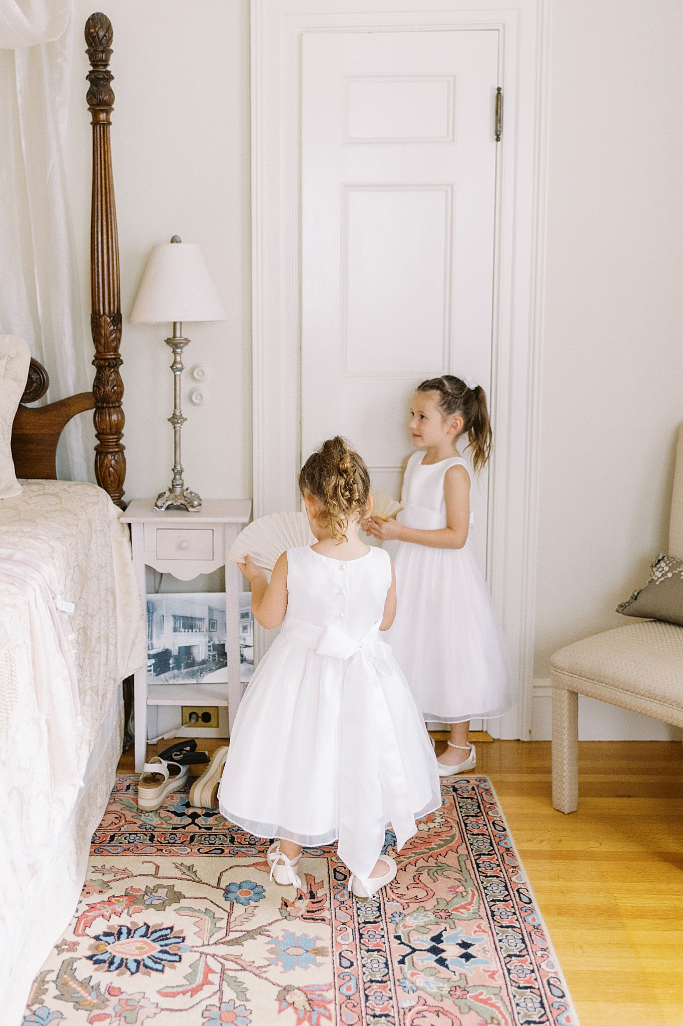 flower girls get ready at Glen Magna Farms