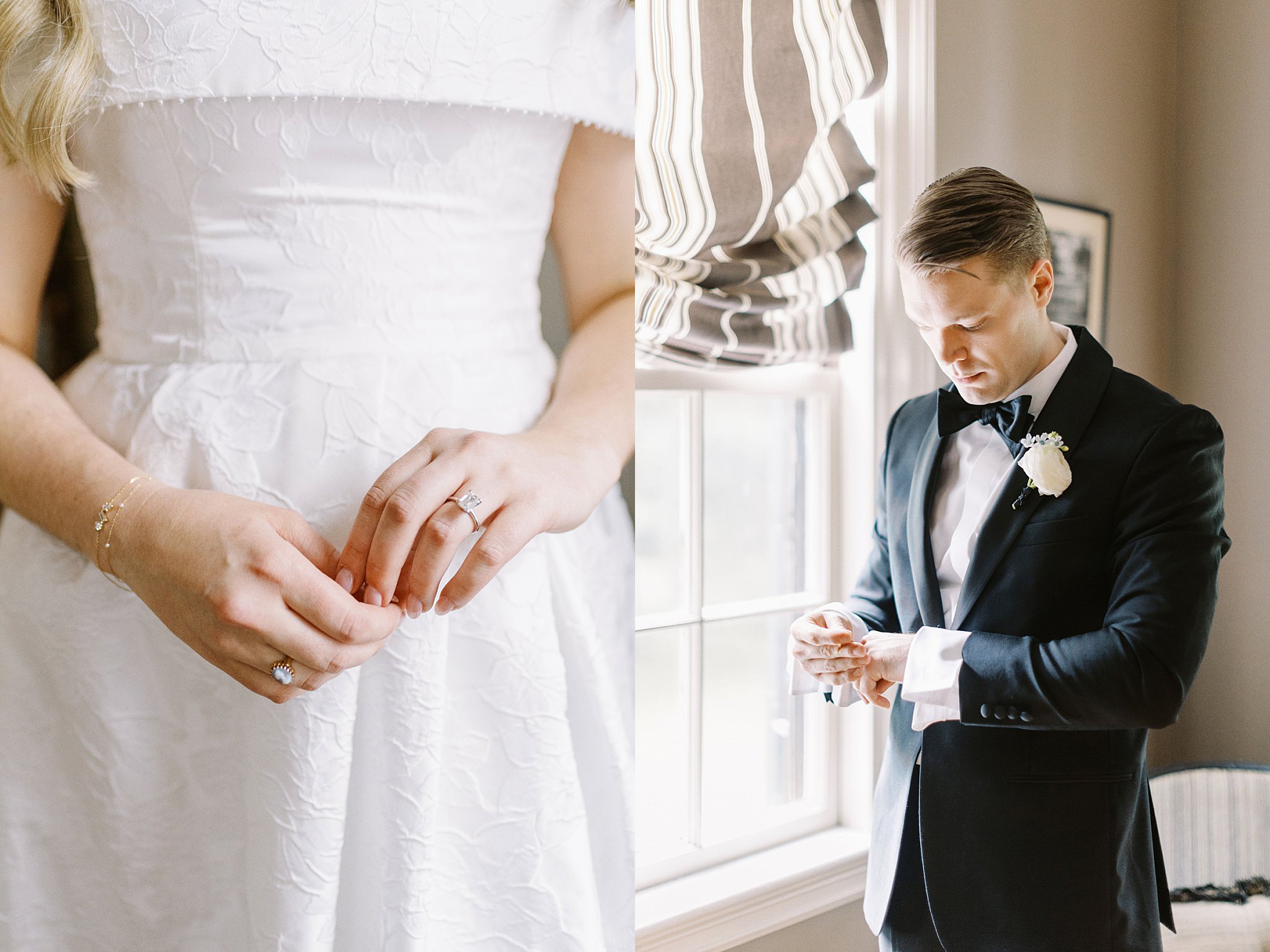 bride holds hands in front to show off rings at Glen Magna Farms